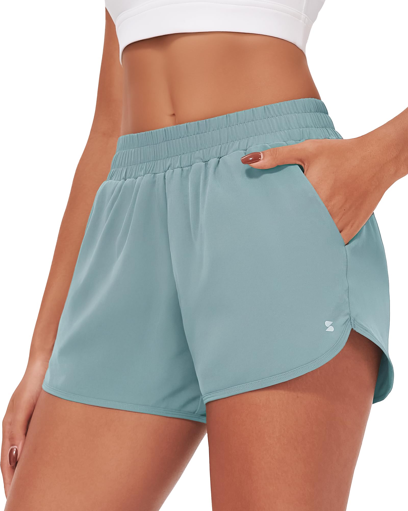 Stelle Womens 3" Running Shorts Mesh Liner High Waisted Workout Shorts Quick Dry Dolphin Athletic Shorts with Pockets