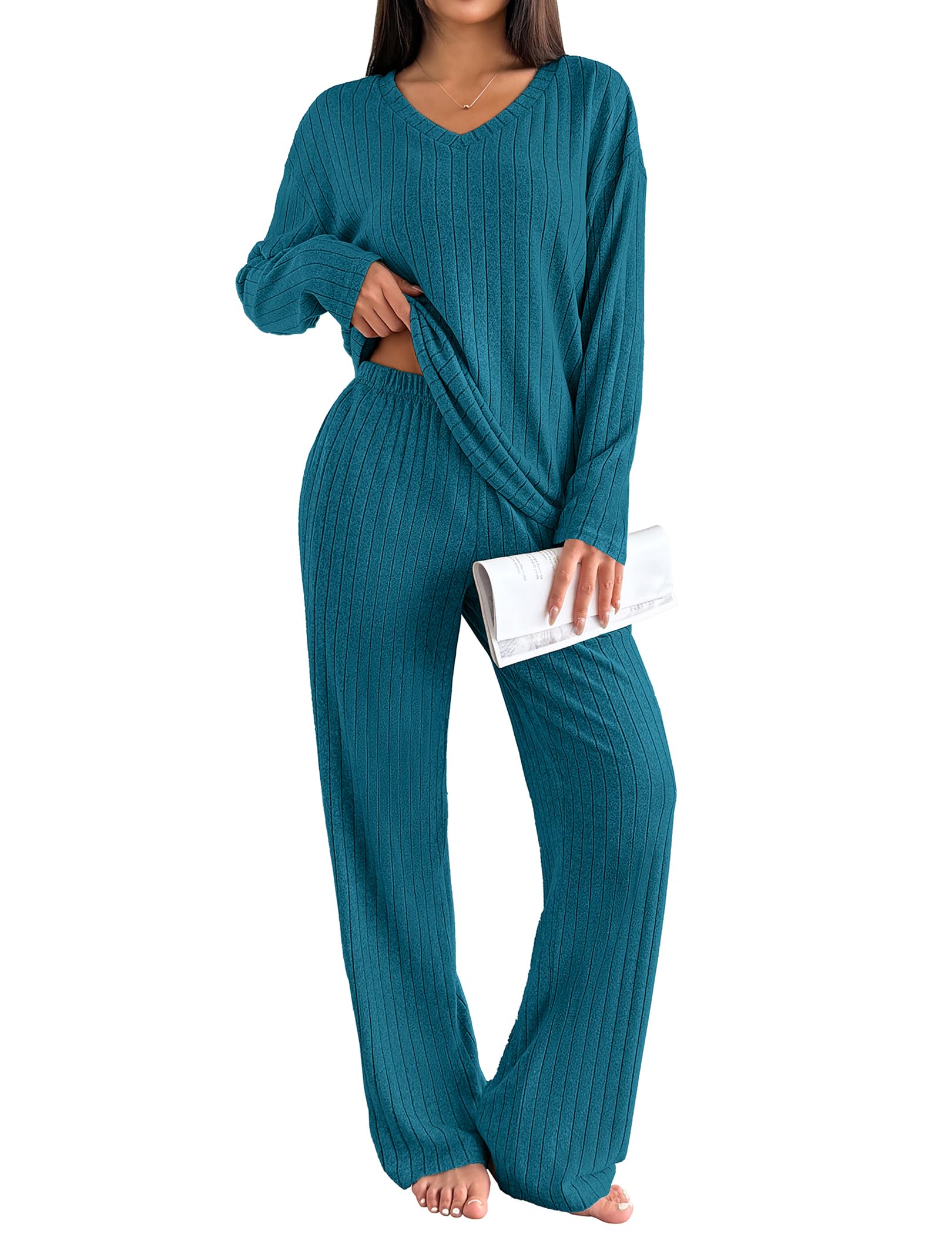 Ekouaer Lounge Sets for Women Long Sleeve Knit Ribbed Pajama Sets 2 Piece Casual Loungewear with Pockets