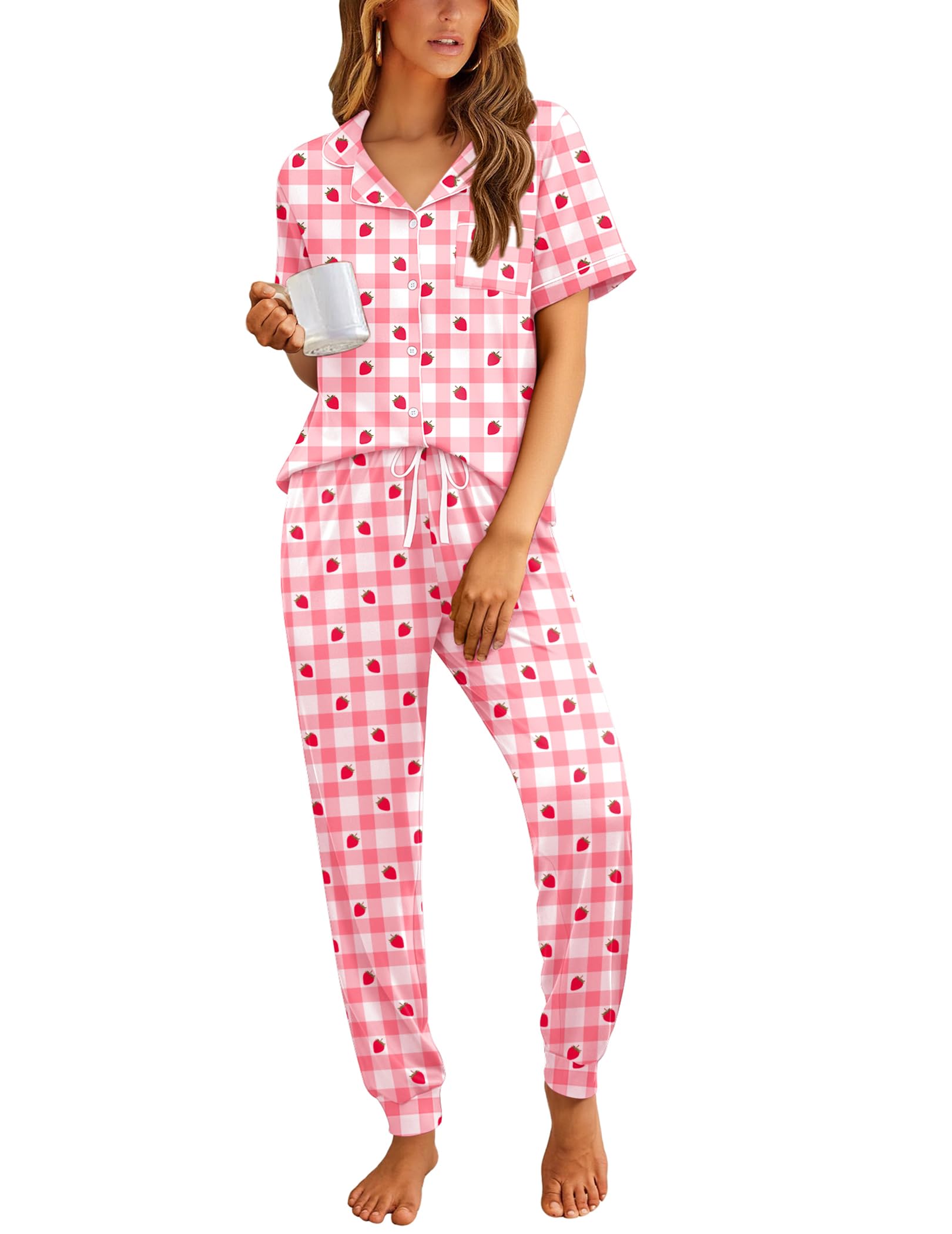 Ekouaer Women Pajama Set Short Sleeve Button Down Pjs with Jogger Pants