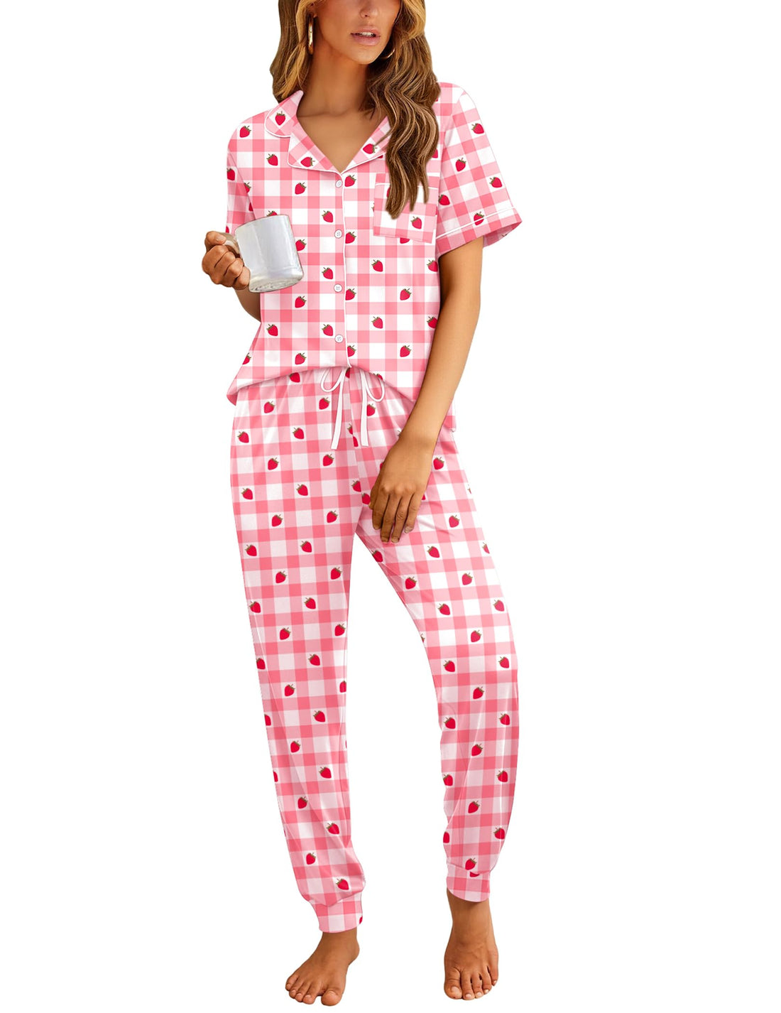 Ekouaer Women Pajama Set Short Sleeve Button Down Pjs with Jogger Pants