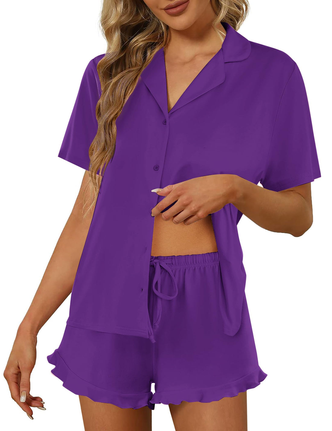 Ekouaer Pajamas Set for Women Short Sleeve Sleepwear Button Down Ruffle Pjs