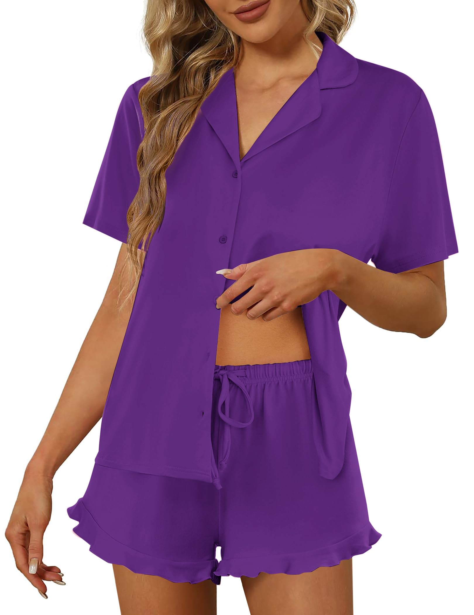 Ekouaer Pajamas Set for Women Short Sleeve Sleepwear Button Down Ruffle Pjs