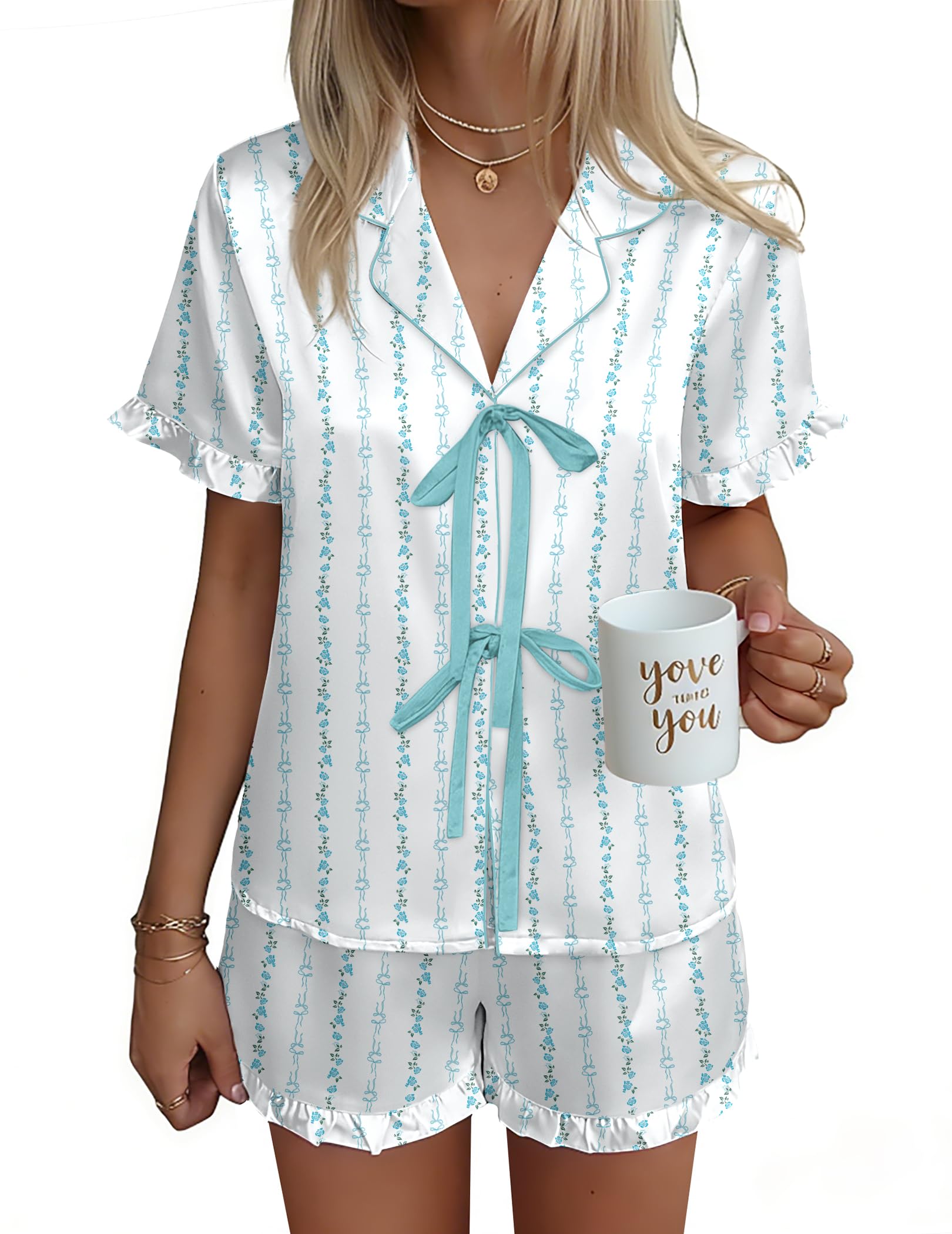 Ekouaer Satin Pajama for Women Short Sleeve Silky Pj Short Sets Lounge Set