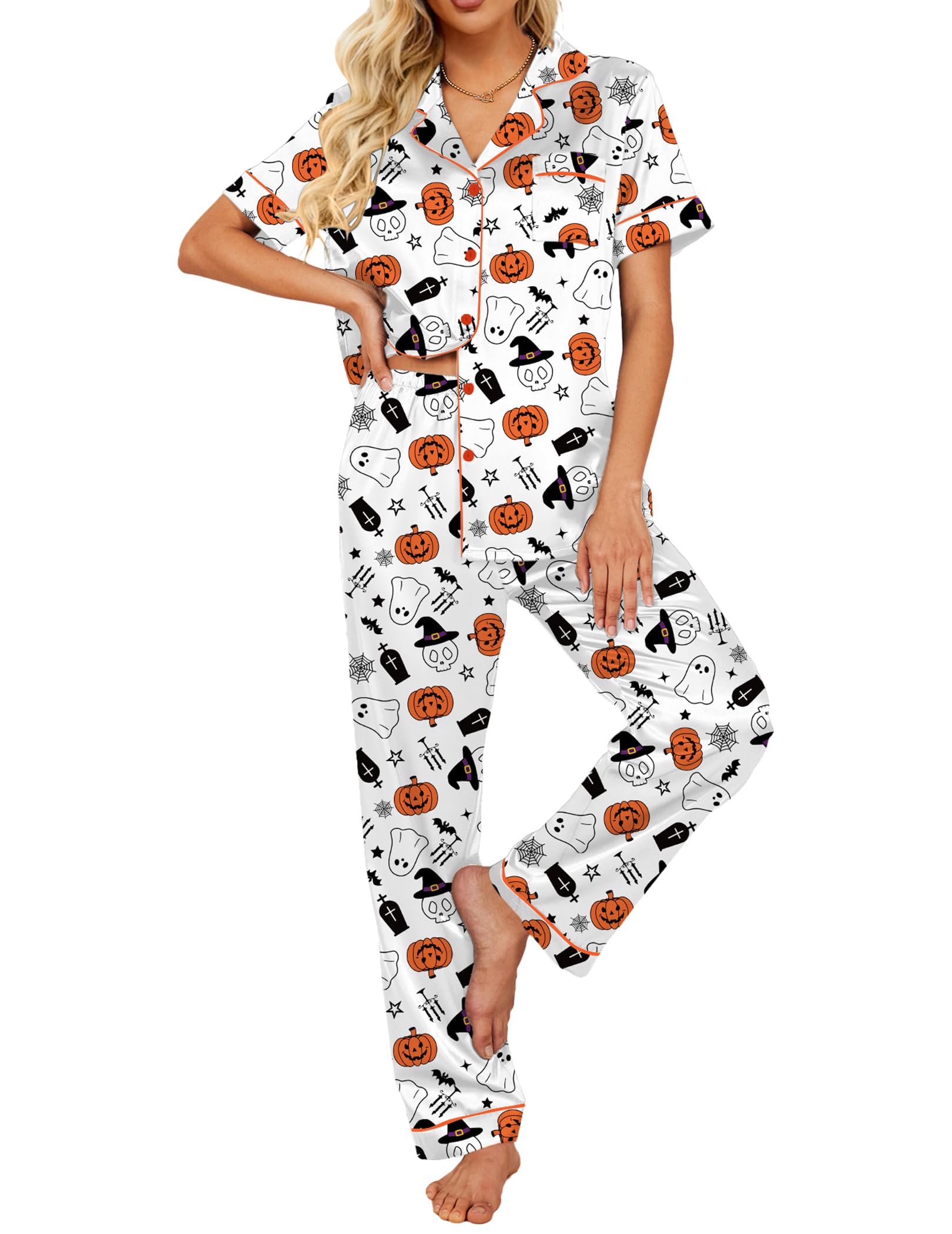 Ekouaer 2 Piece Satin Short Sleeve Pajamas Set Button Down Sleepwear