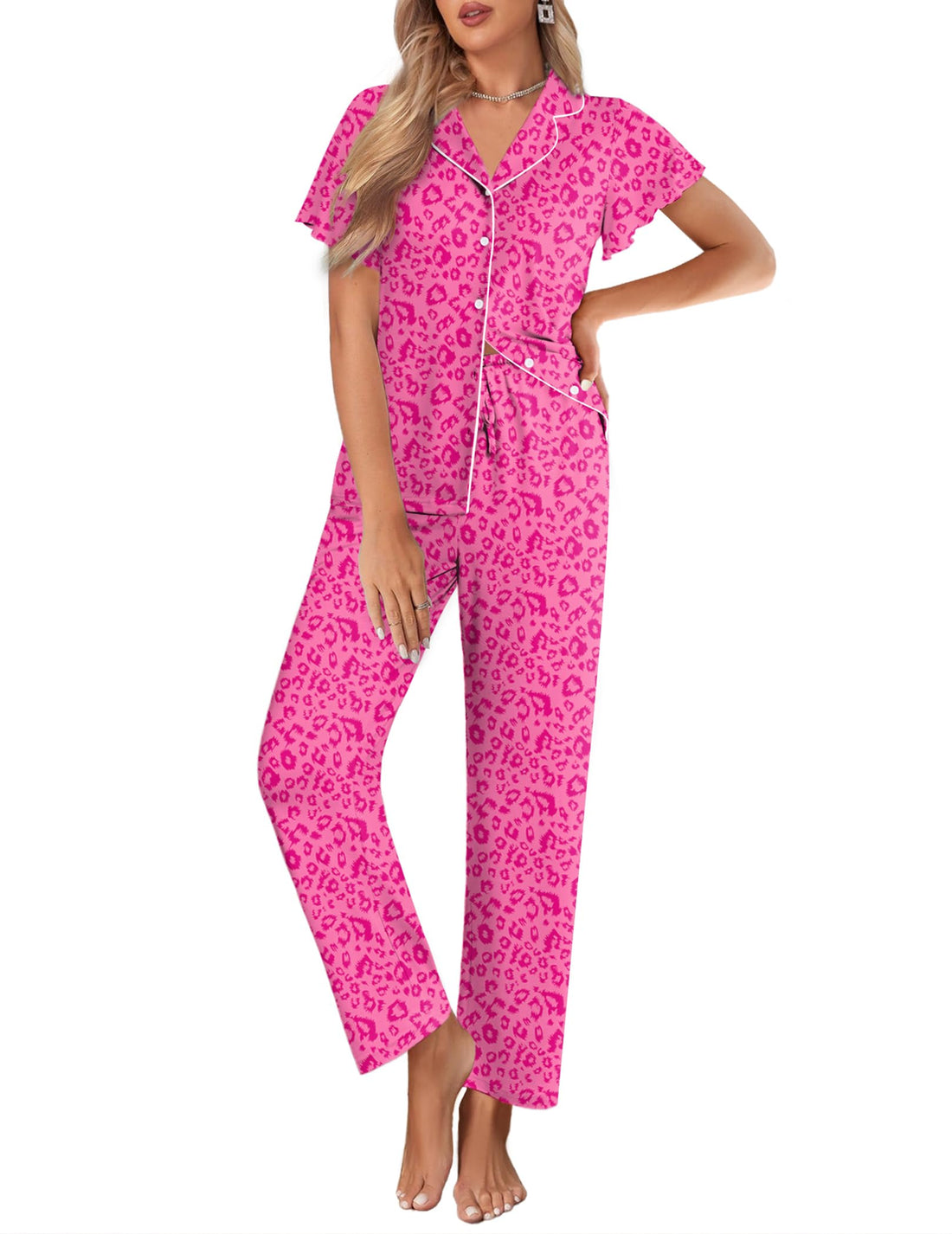 Ekouaer Pajamas for Women Set Ruffle Sleeve Button Up with Long Pants