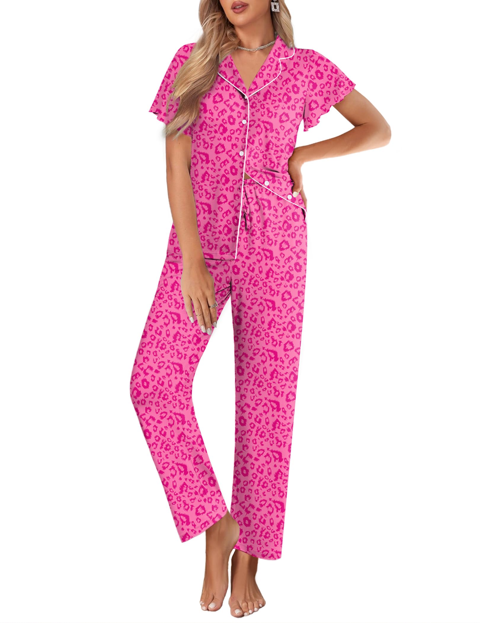 Ekouaer Pajamas for Women Set Ruffle Sleeve Button Up with Long Pants