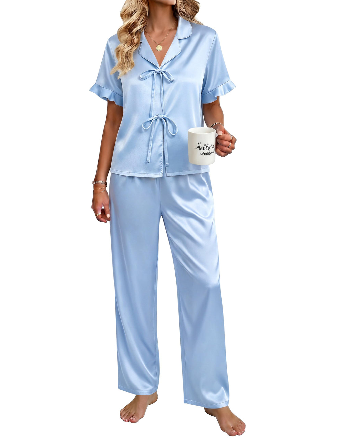 Ekouaer Womens Satin Pajama Sets Silky Tie Front Ruffle Pjs Sets Sleepwear