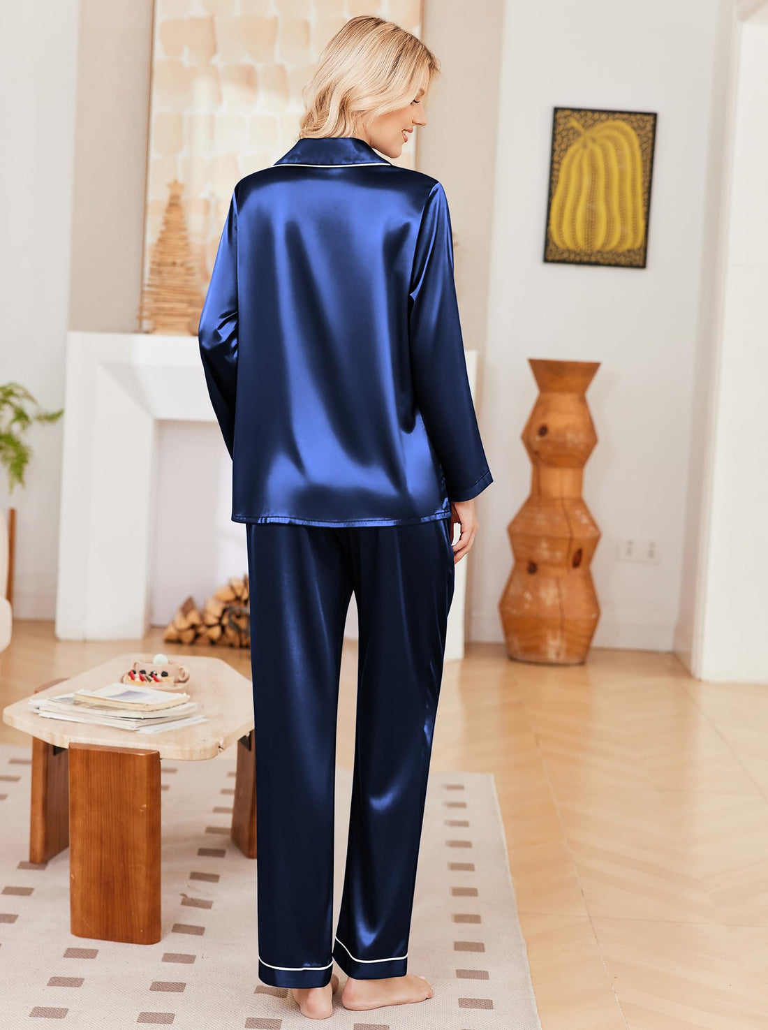 Ekouaer Womens Pajamas Silk Satin Long Sleeve Button Down Pjs Lounge Set