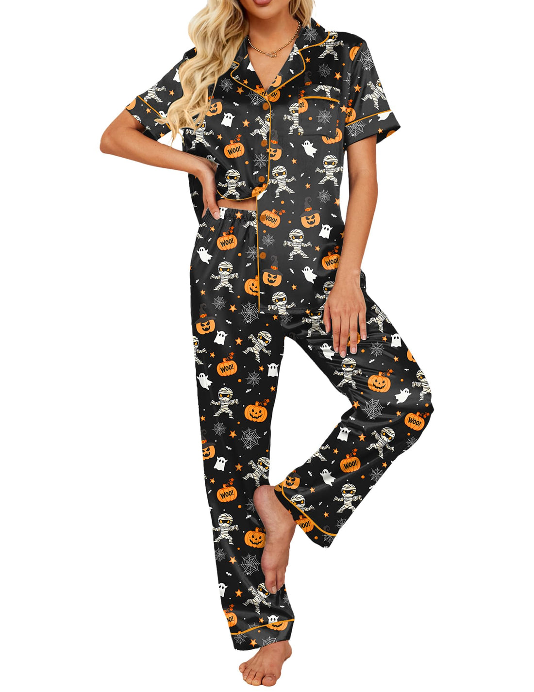 Ekouaer 2 Piece Satin Short Sleeve Pajamas Set Button Down Sleepwear