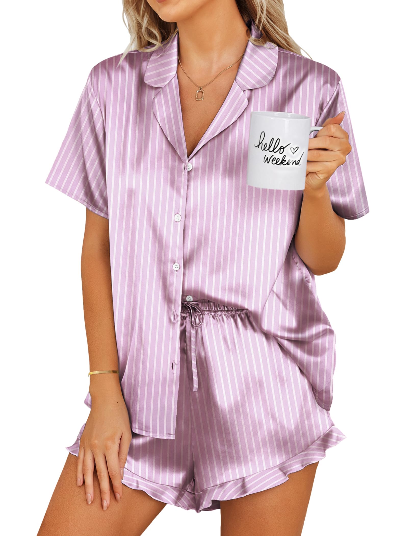Ekouaer Womens Satin Pajamas Set Button Down 2 Piece Silk Pjs Shorts Set Ruffle Lingerie Notch Collar Sleepwear