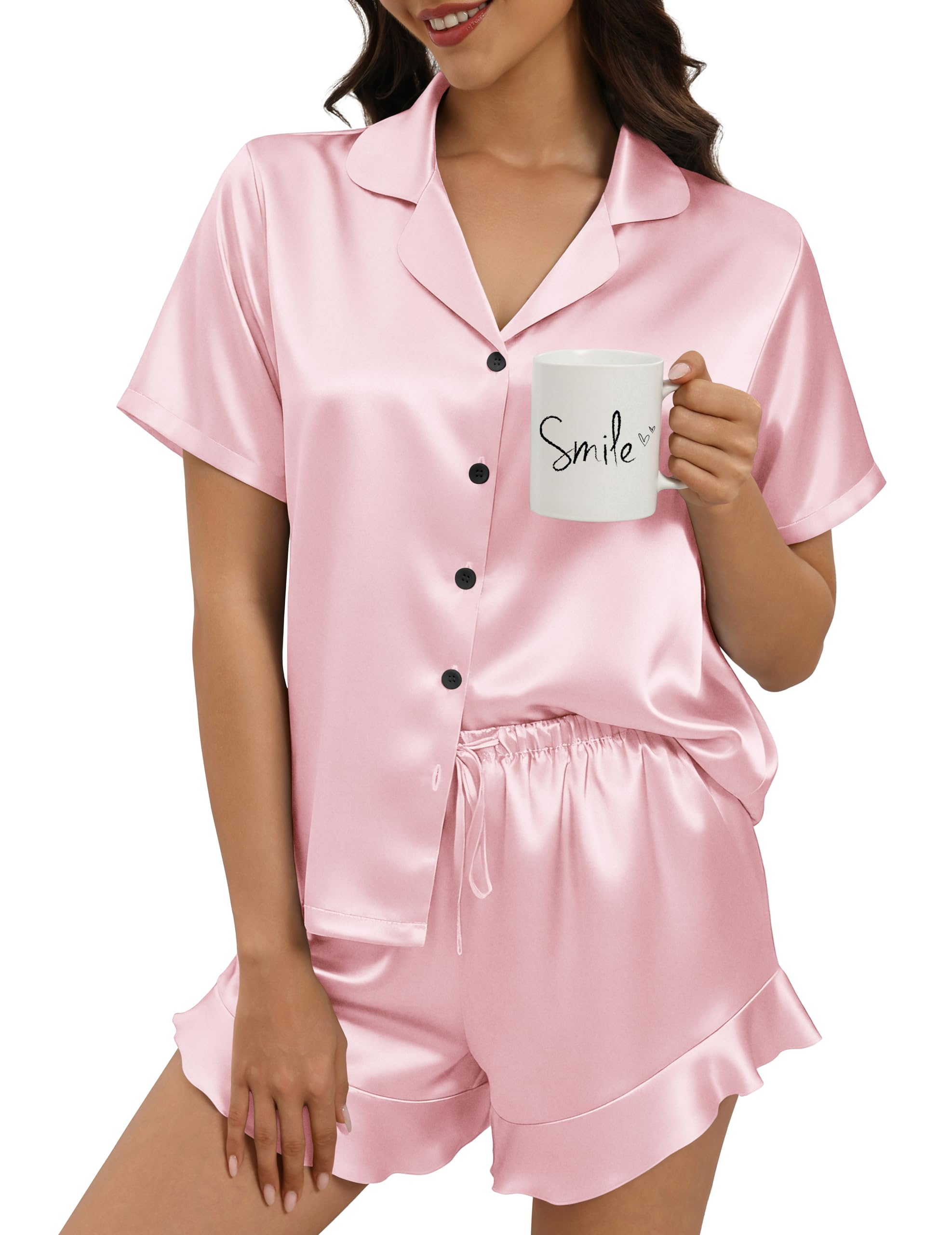 Silk Pajamas for Women Button Down 2 Piece Satin Pjs Shorts Set Ruffle Notch Collar Sleepwear Loungewear