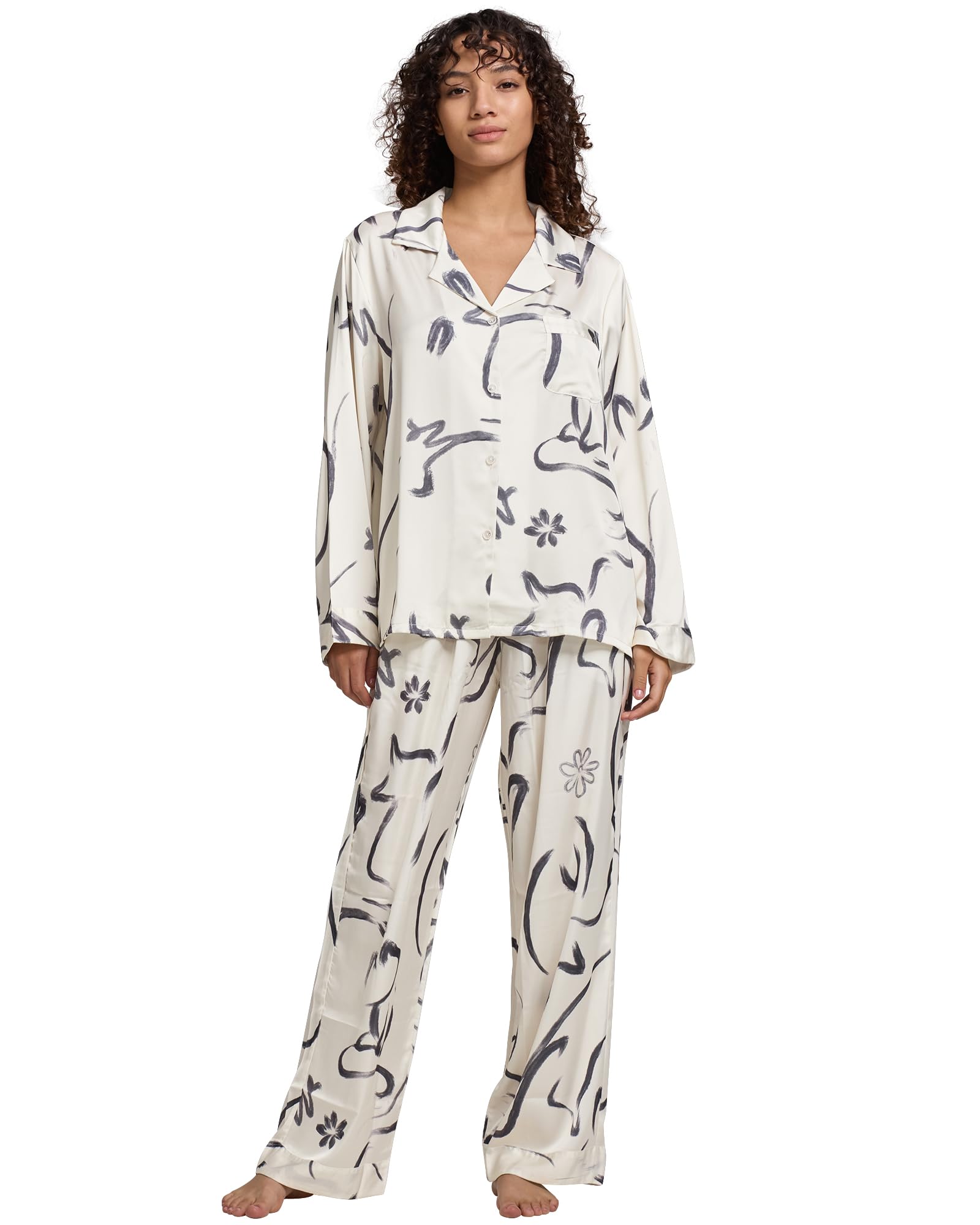 YiNi LuLu Womens Silk Satin Pajamas Set Button Down 2 Piece Pjs Long Sleeve Oversized Sleepwear with Pockets