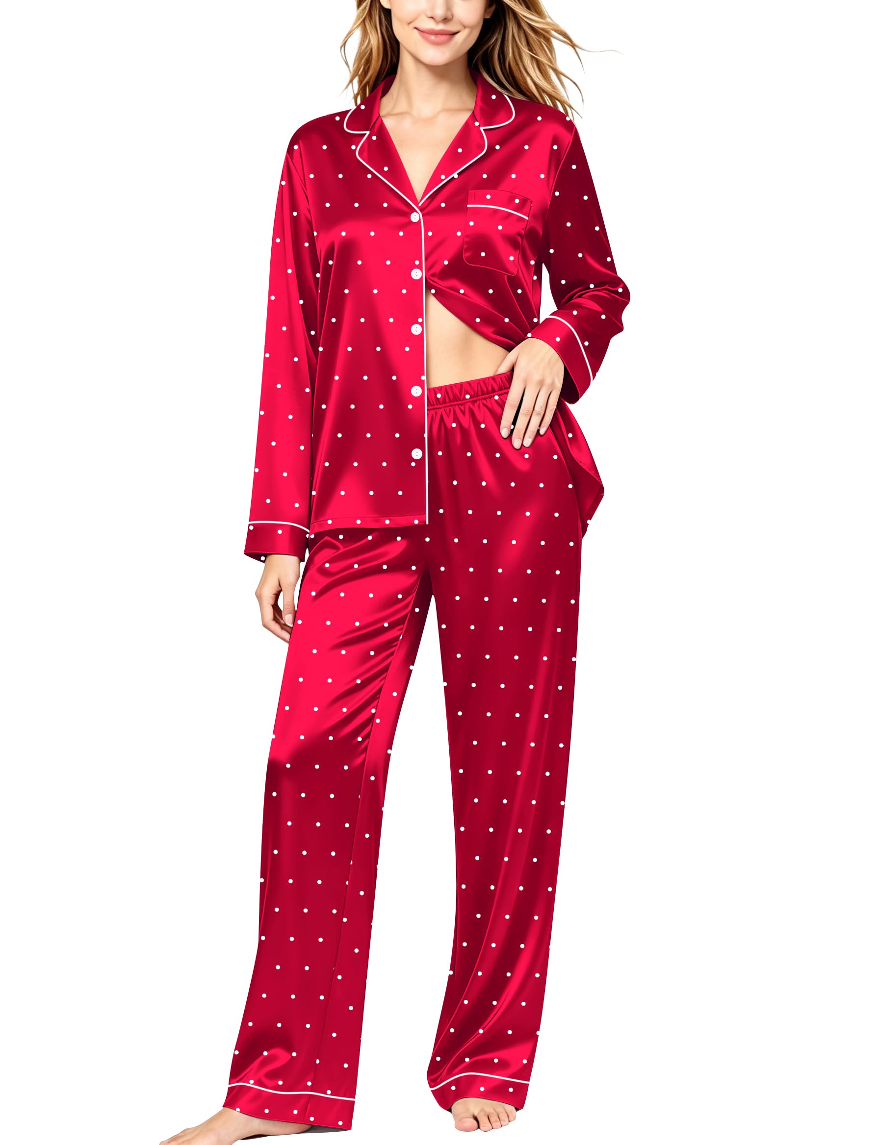 SWOMOG Womens Silk Satin Pajamas Set Long Sleeve Button Down Sleepwear 2 Piece Lounge Set Pj Set XS-3XL