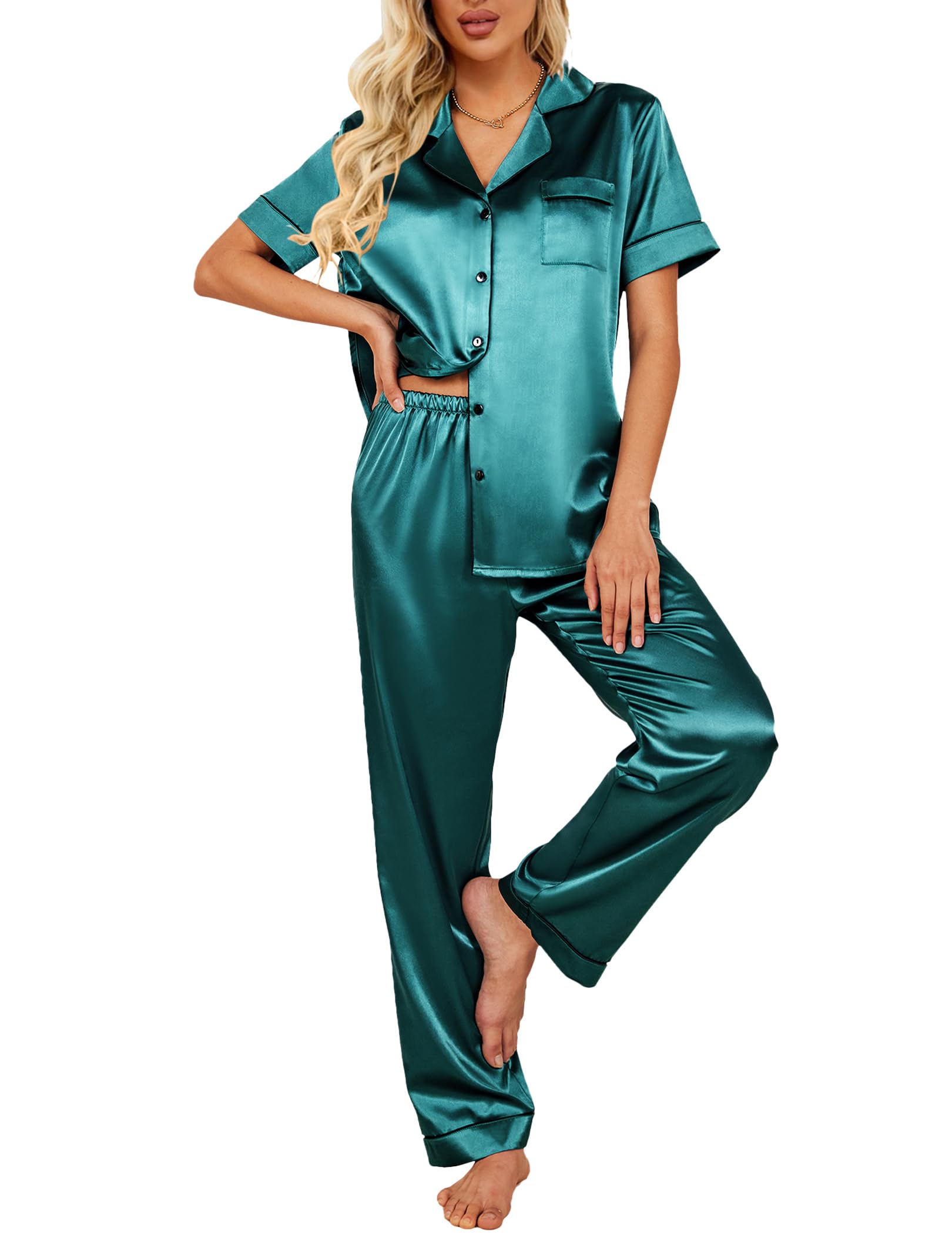 Ekouaer 2 Piece Satin Short Sleeve Pajamas Set Button Down Sleepwear