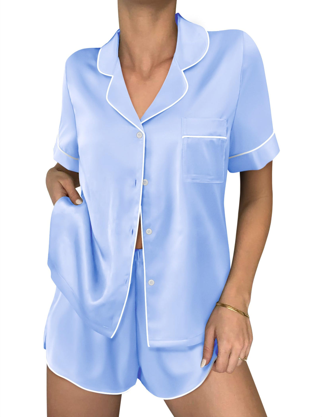 Ekouaer Women Satin Pajama Sets Cute Print Silk Pjs Shorts Sets S-4XL