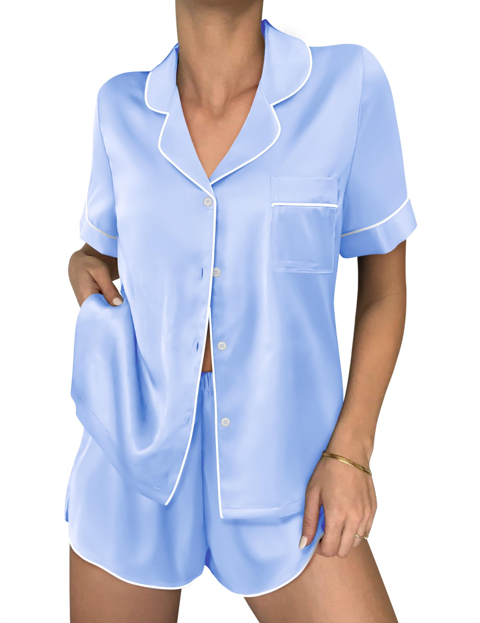 Ekouaer Women Satin Pajama Sets Cute Print Silk Pjs Shorts Sets S-4XL