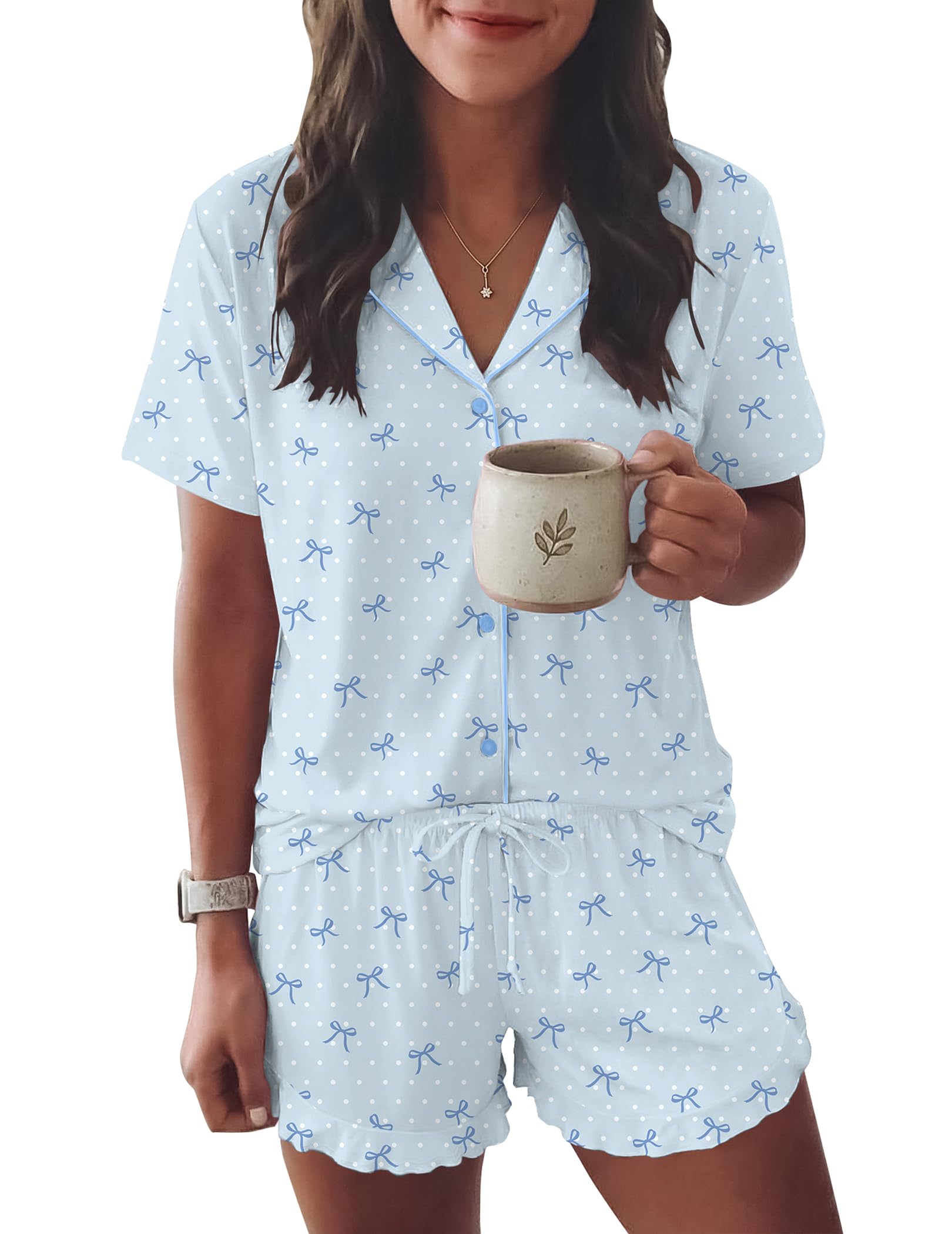 Ekouaer Womens Pajama Sets Button Down Cute Ruffled Pjs Set Sleepwear