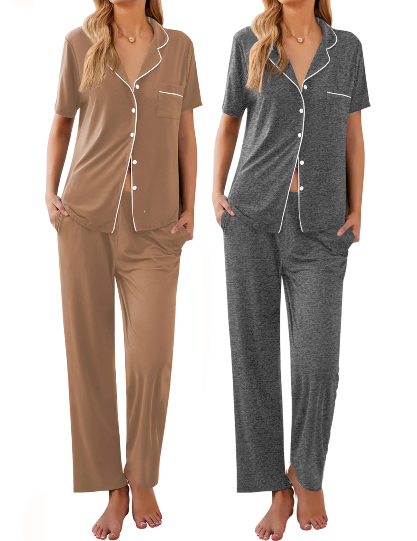 Ekouaer 2 Pack Womens Pajamas Sets Short Sleeve Pjs Button Up Sleepwear Set