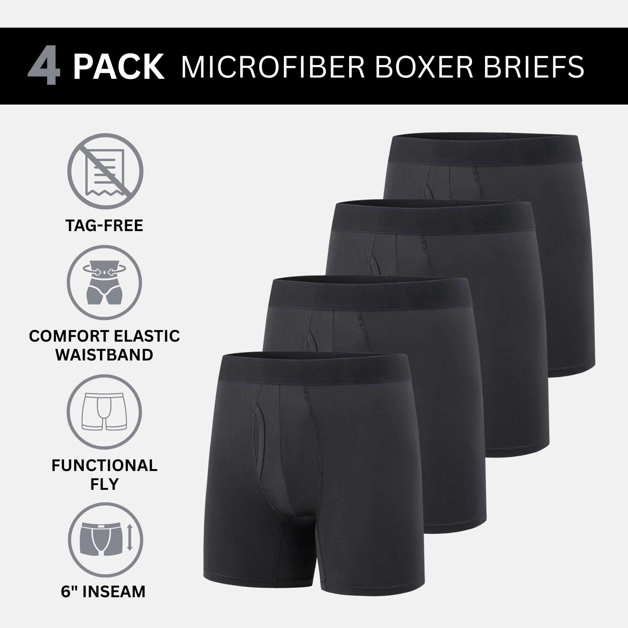 Mens Boxer Briefs, Pack of 4, Microfiber Moisture Wicking Tagless Underwear