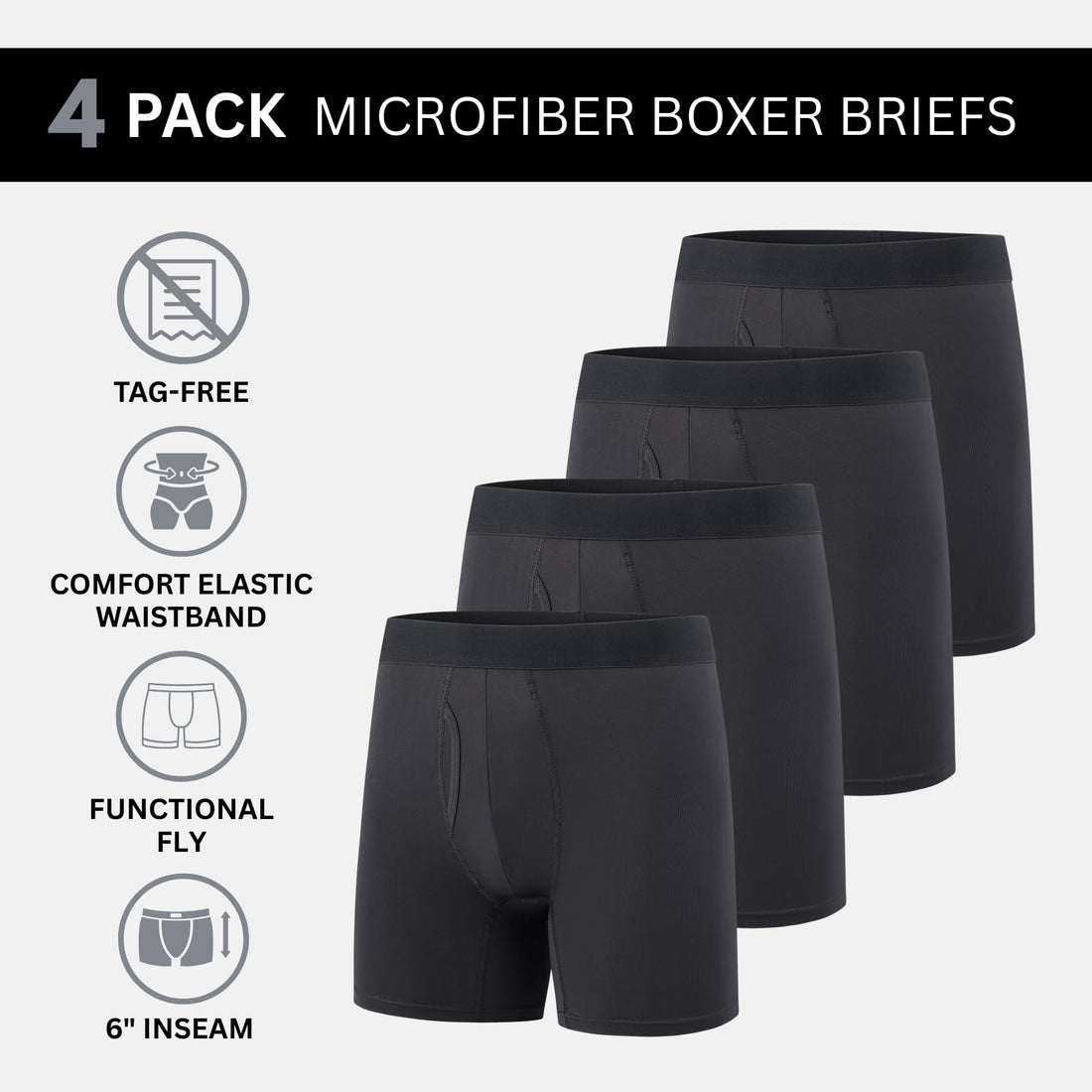 Mens Boxer Briefs, Pack of 4, Microfiber Moisture Wicking Tagless Underwear