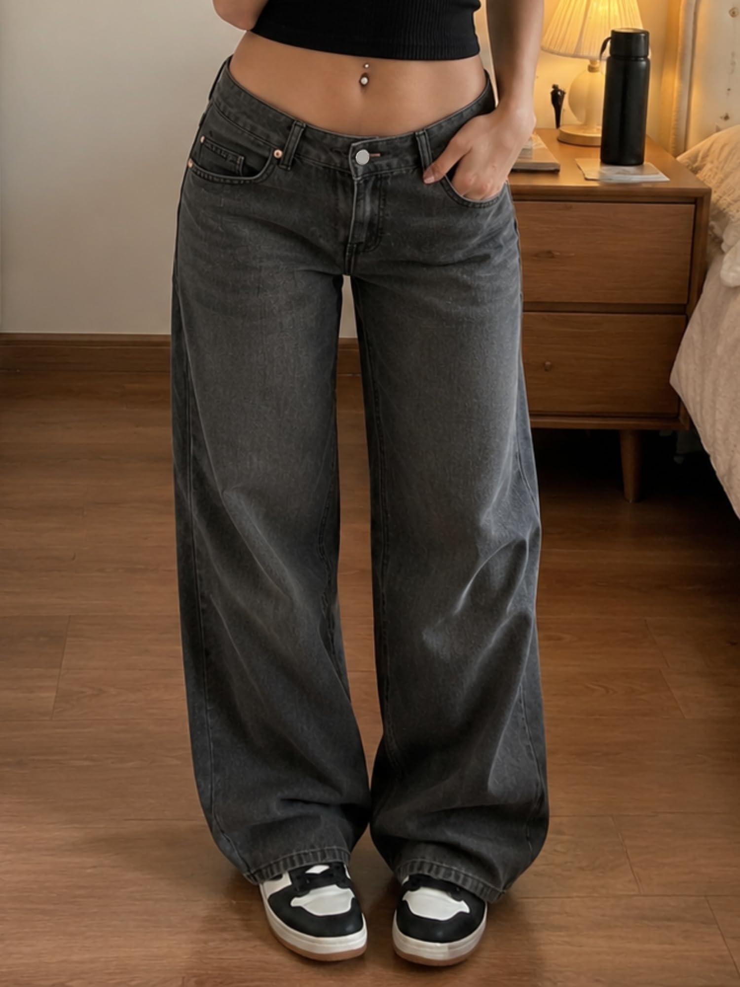 Low Rise Baggy Jeans for Women Y2K Vintage Wide Leg Loose Fit Straight Denim Pants Casual Trousers