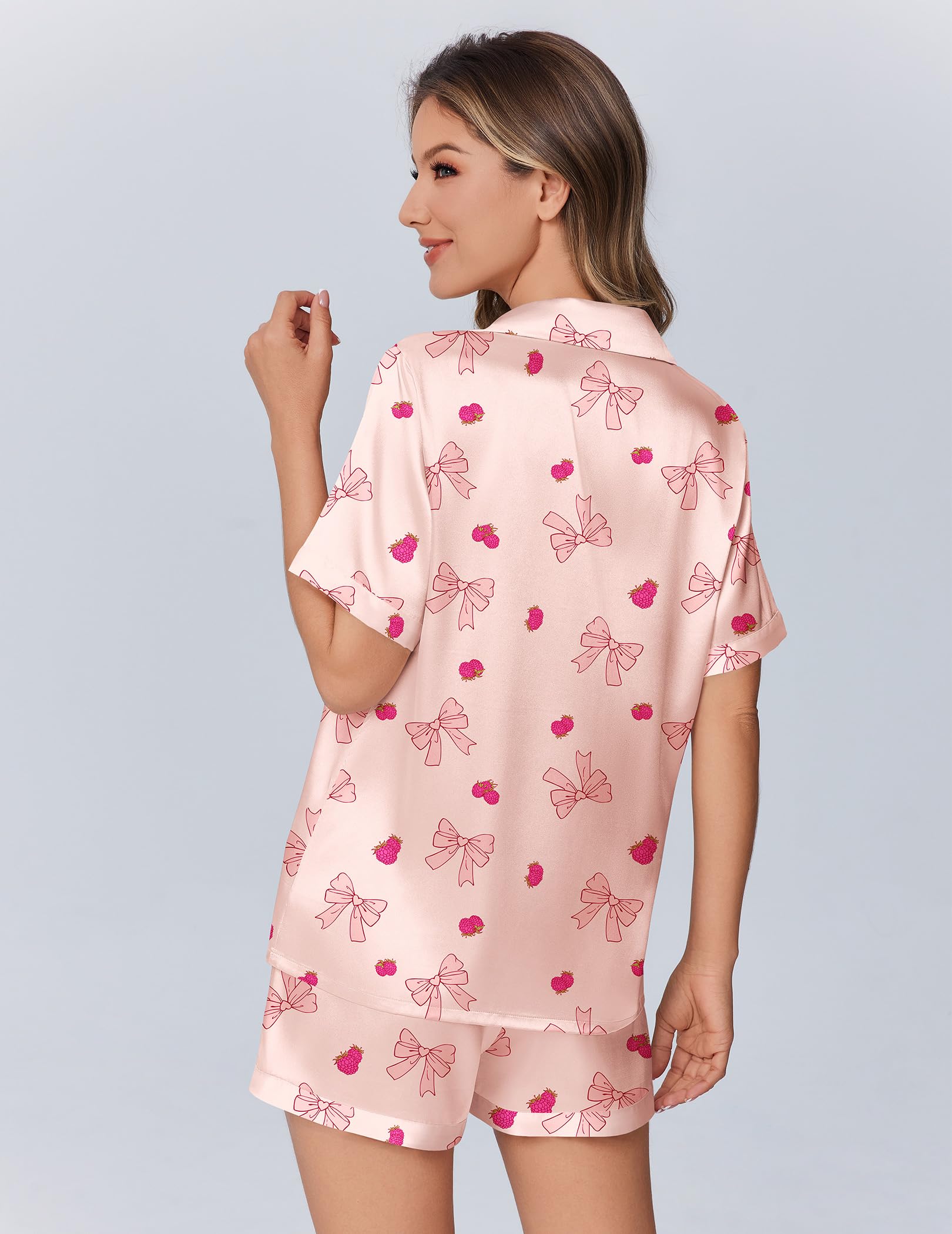 Ekouaer Womens Silky Satin Pajamas Set Short Sleeve Colorful Print Pjs