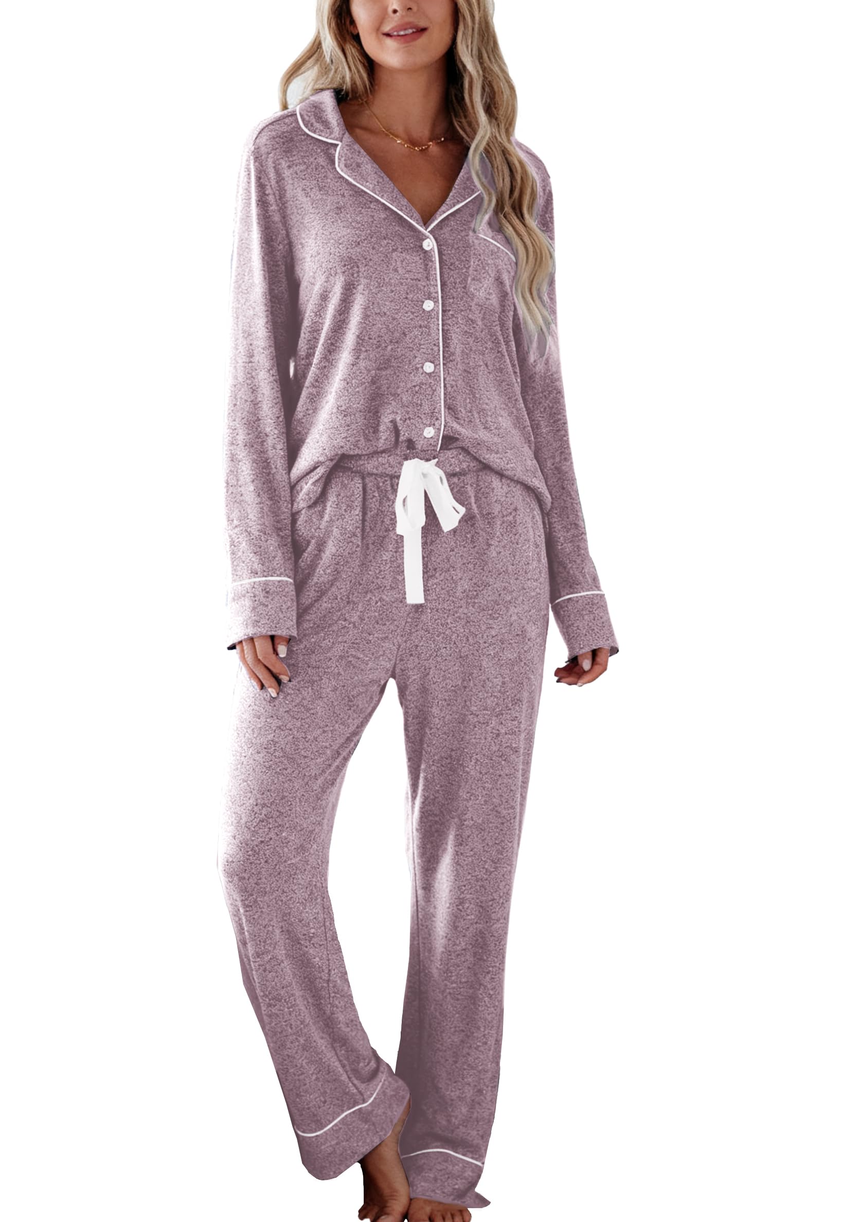 Senert Pajamas Set For Women Long Sleeve Sleepwear with Pocket Soft Button Down Shirt Long Pants Pj Lounge Sets S-XXL