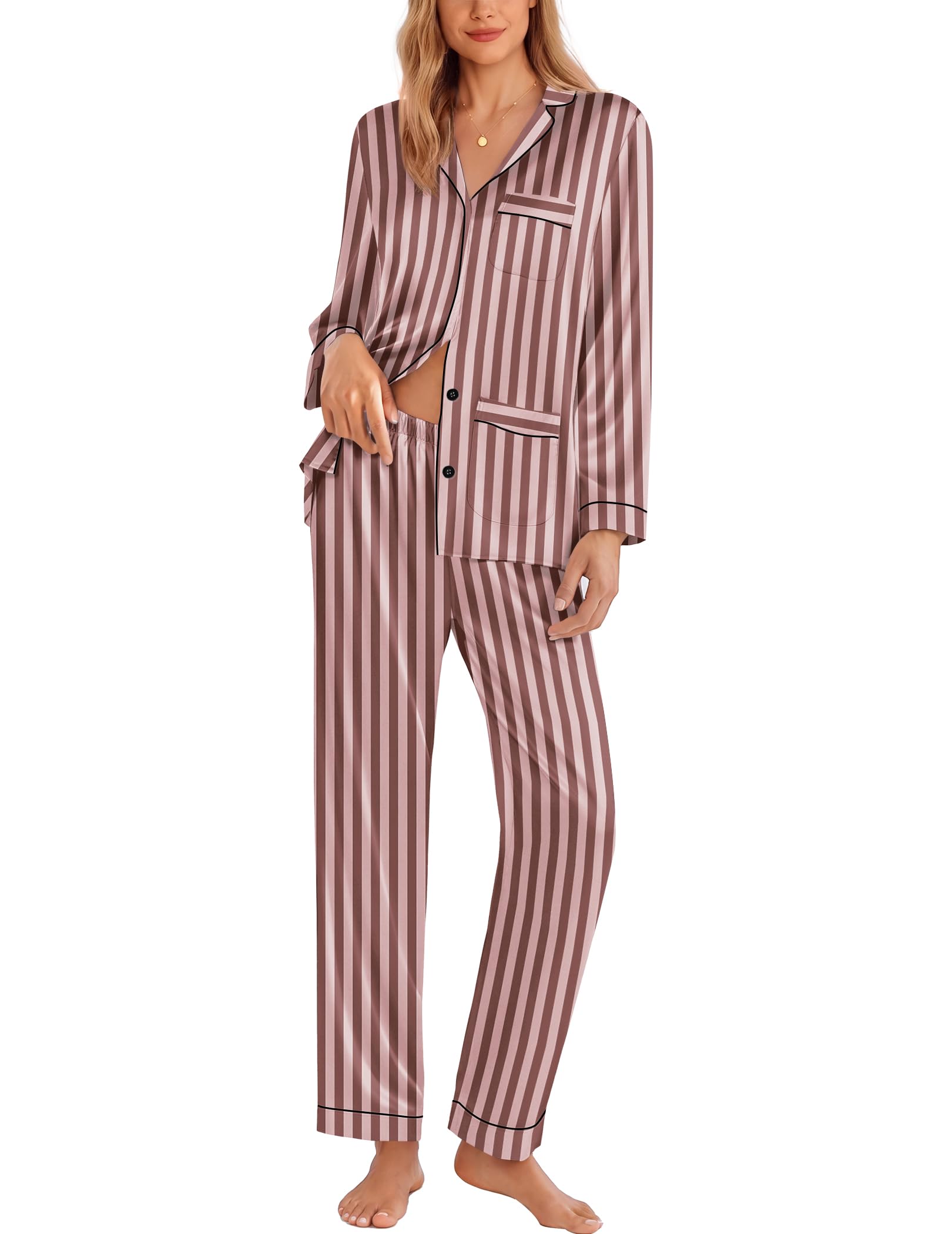 Ekouaer Pajamas for Women Silk Satin Button Down Long Sleeve Pajama Sets