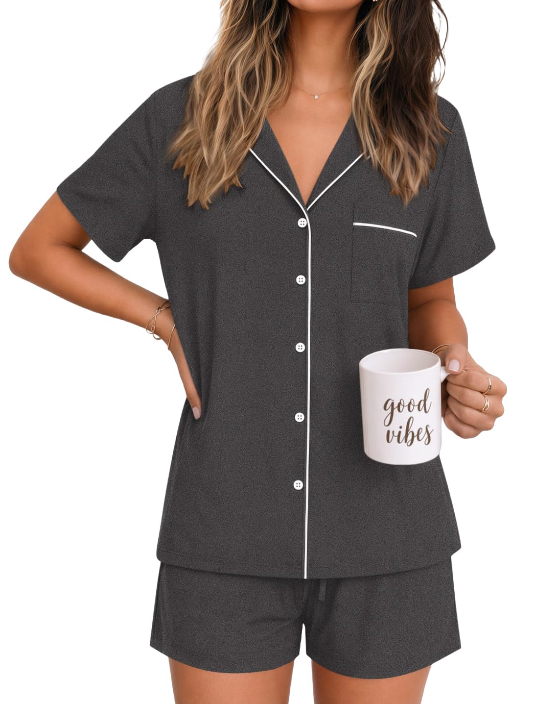 Ekouaer Womens Pajamas Set Soft Classic Notch Collar Bride Pjs Comfy Short Sleeve Sleepwear Loungewear