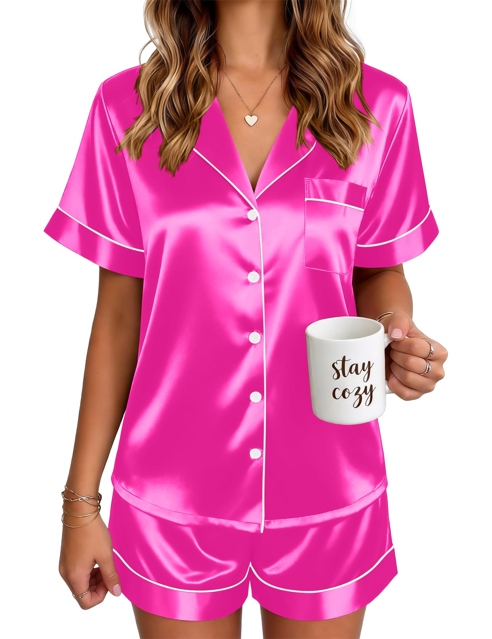 Ekouaer Satin Pajamas for Women Silk Pjs Short Set 2 Piece Lounge Sets