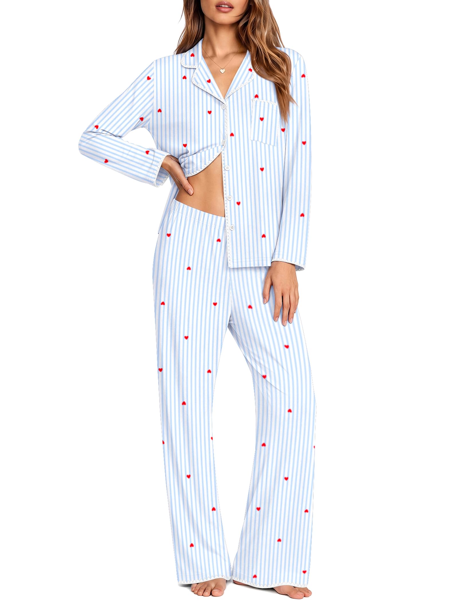 Ekouaer Pajamas for Women Set Long Sleeve Lounge Set Soft Button Down Pjs