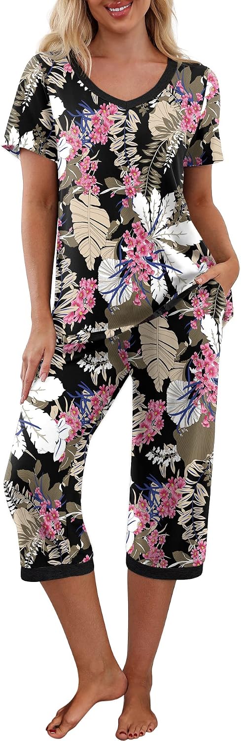 PrinStory Womens Pajama Sets Capri Pjs Soft Lounge Sets S-4XL