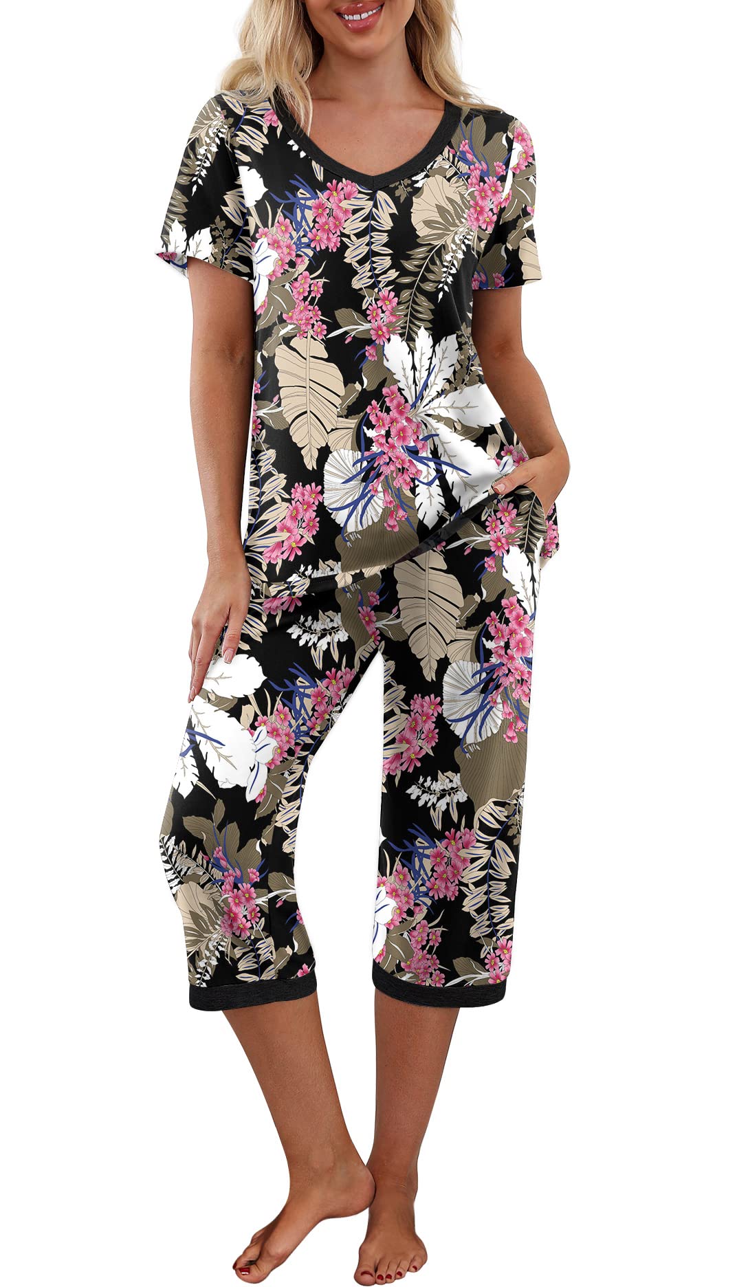 PrinStory Womens Pajama Sets Capri Pjs Soft Lounge Sets S-4XL