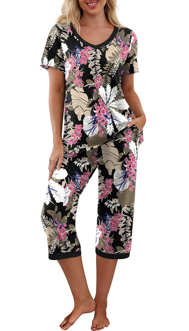 PrinStory Womens Pajama Sets Capri Pjs Soft Lounge Sets S-4XL