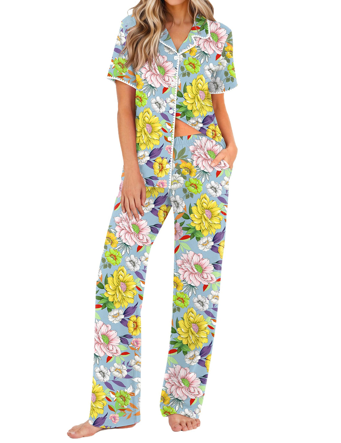 Ekouaer Womens Pajamas Set Button Down Loungewear Short Sleeve Pants Pjs