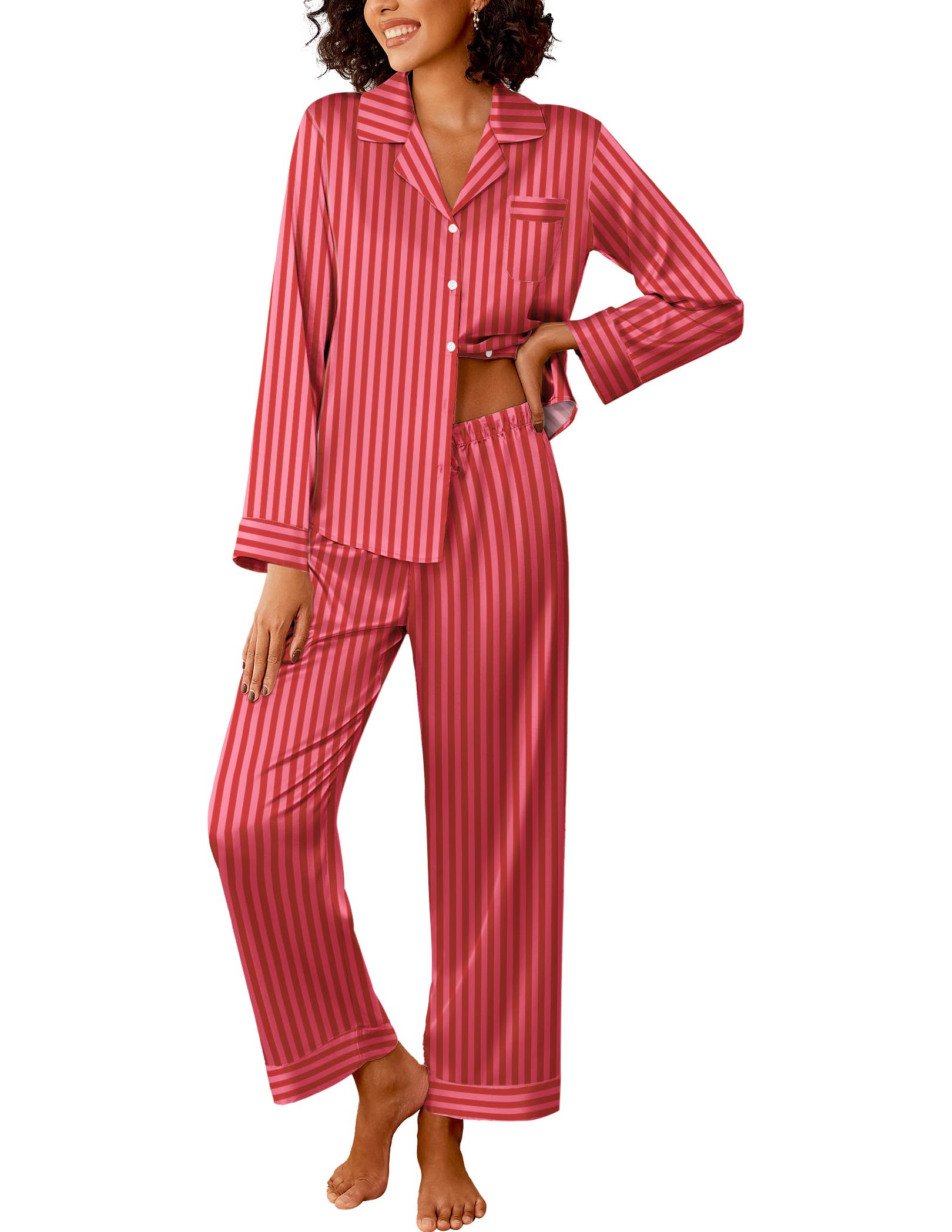 Ekouaer Womens Silk Satin Pajama Sets 2 Piece Pjs Set Stripe Sleepwear