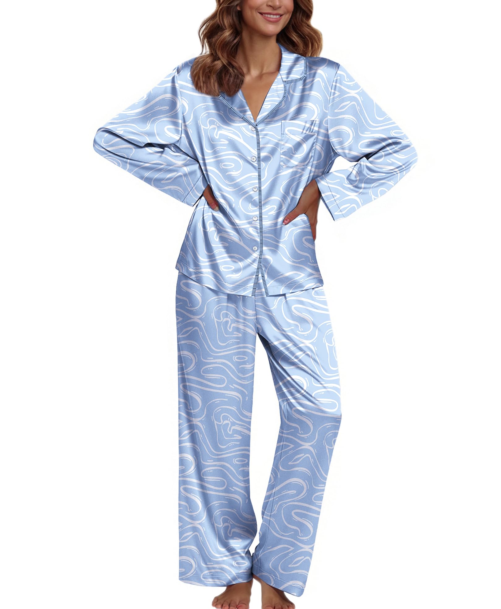 Ekouaer Pajamas For Women Silk Pjs Long Sleeve Button Down Lounge Sets