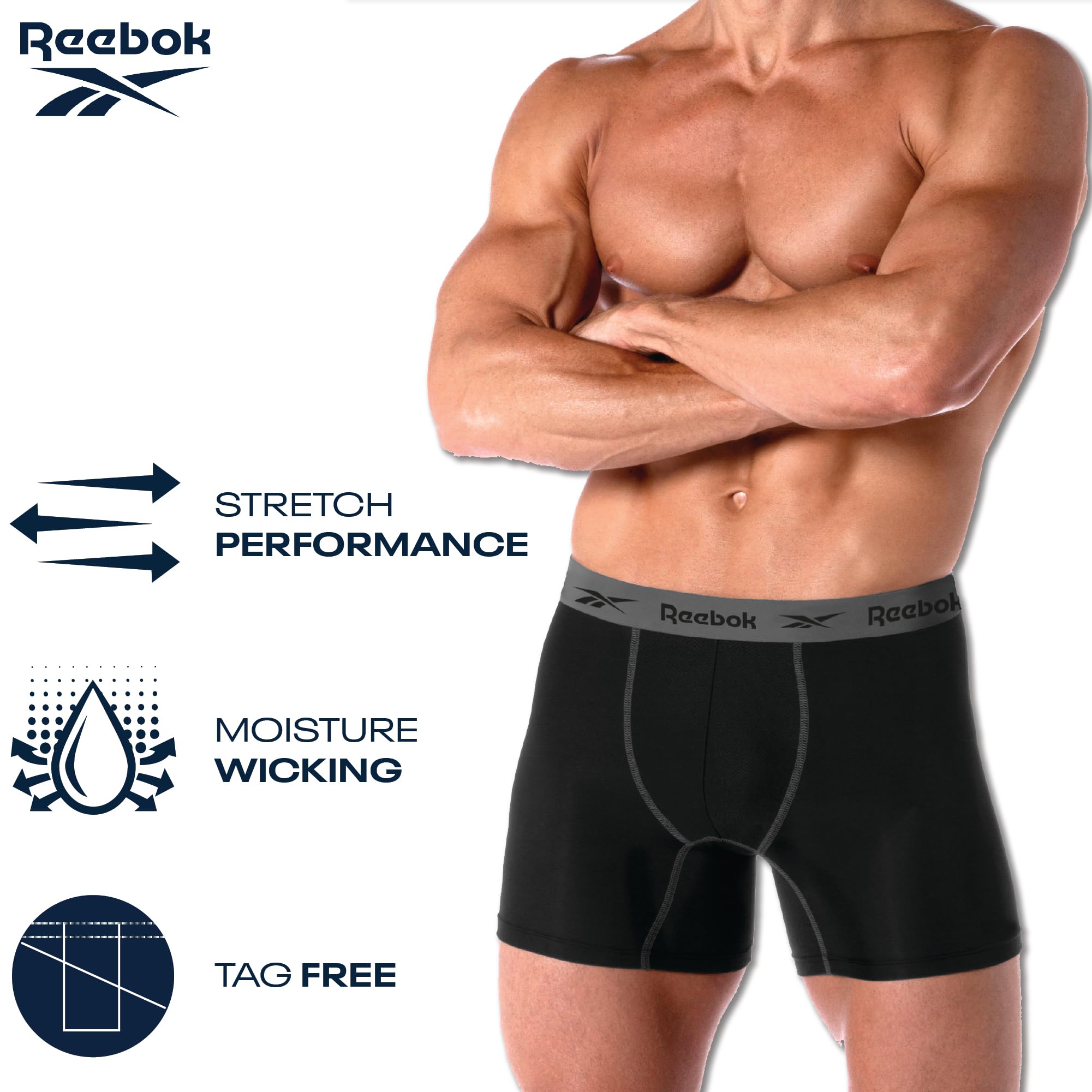 Reebok Mens Boxer Briefs - 4 Pack Underwear with Contour Pouch, 6'' Inseam | Athletic Stretch Performance Moisture-Wicking Fabric, No Fly Pouch, Tag-Free Waistband