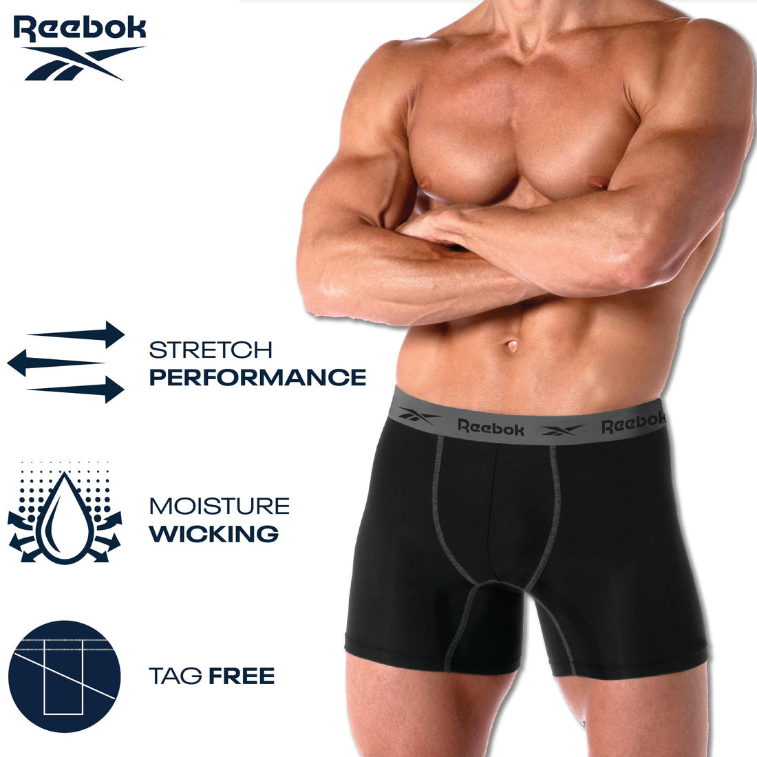 Reebok Mens Boxer Briefs - 4 Pack Underwear with Contour Pouch, 6'' Inseam | Athletic Stretch Performance Moisture-Wicking Fabric, No Fly Pouch, Tag-Free Waistband