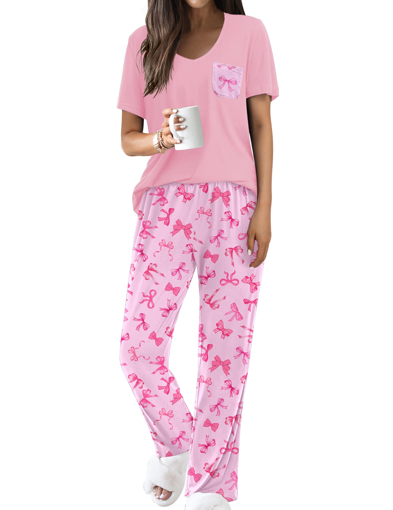 Ekouaer Pajama Sets for Women 2 Piece Short Sleeve Pj V Neck Chest Pocket