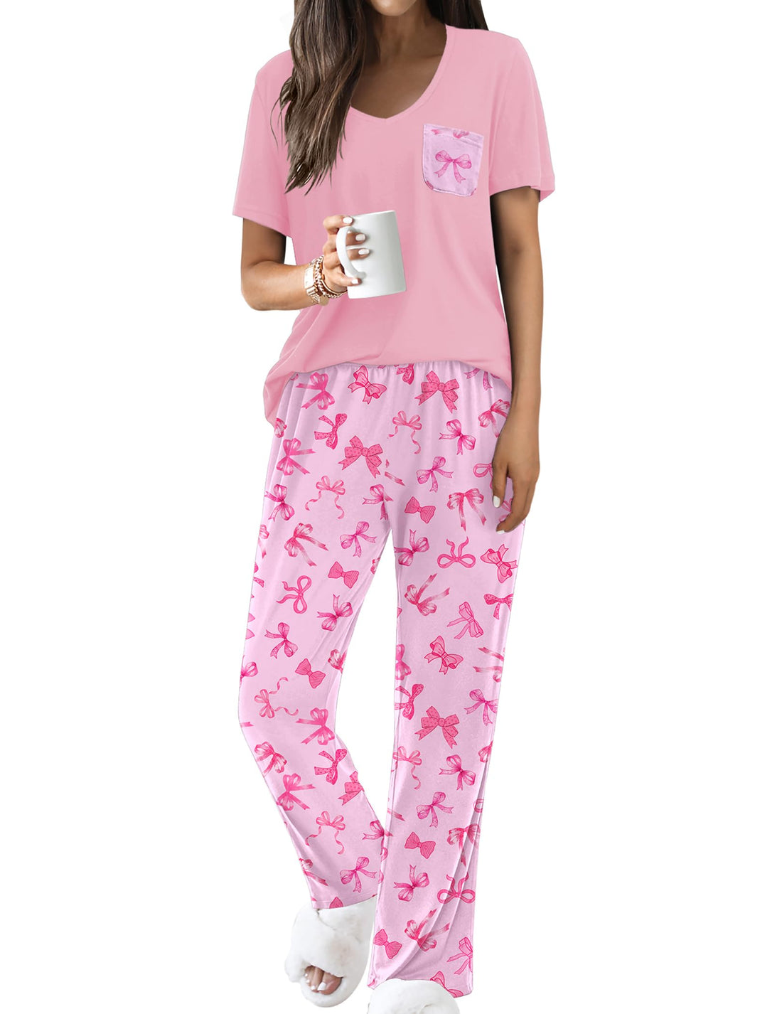 Ekouaer Pajama Sets for Women 2 Piece Short Sleeve Pj V Neck Chest Pocket