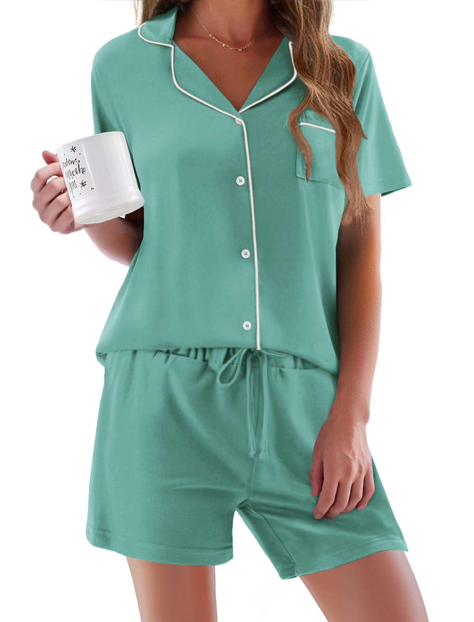 Ekouaer Pajamas Set for Women Short Sleeve Sleepwear Button Down Pj XS-XXXL