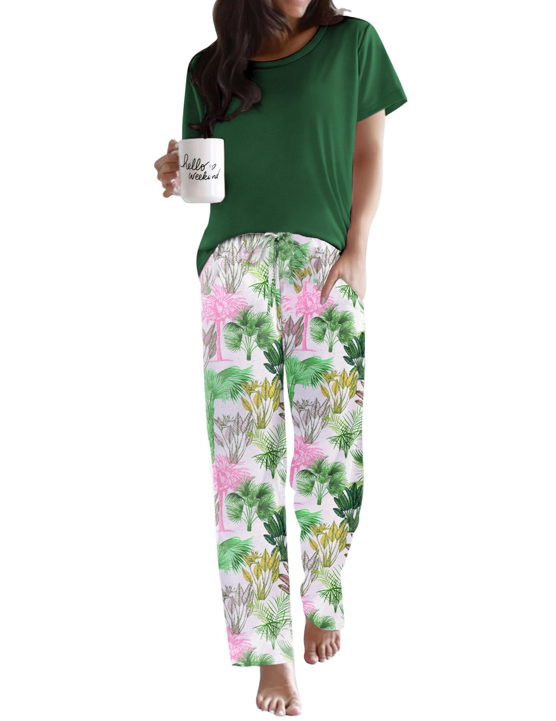 Ekouaer Womens Pajamas Sets Round Neck Pjs Loose Lounge Sets Sleepwear