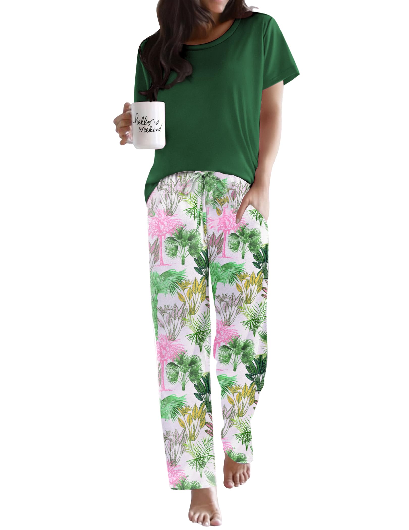 Ekouaer Womens Pajamas Sets Round Neck Pjs Loose Lounge Sets Sleepwear