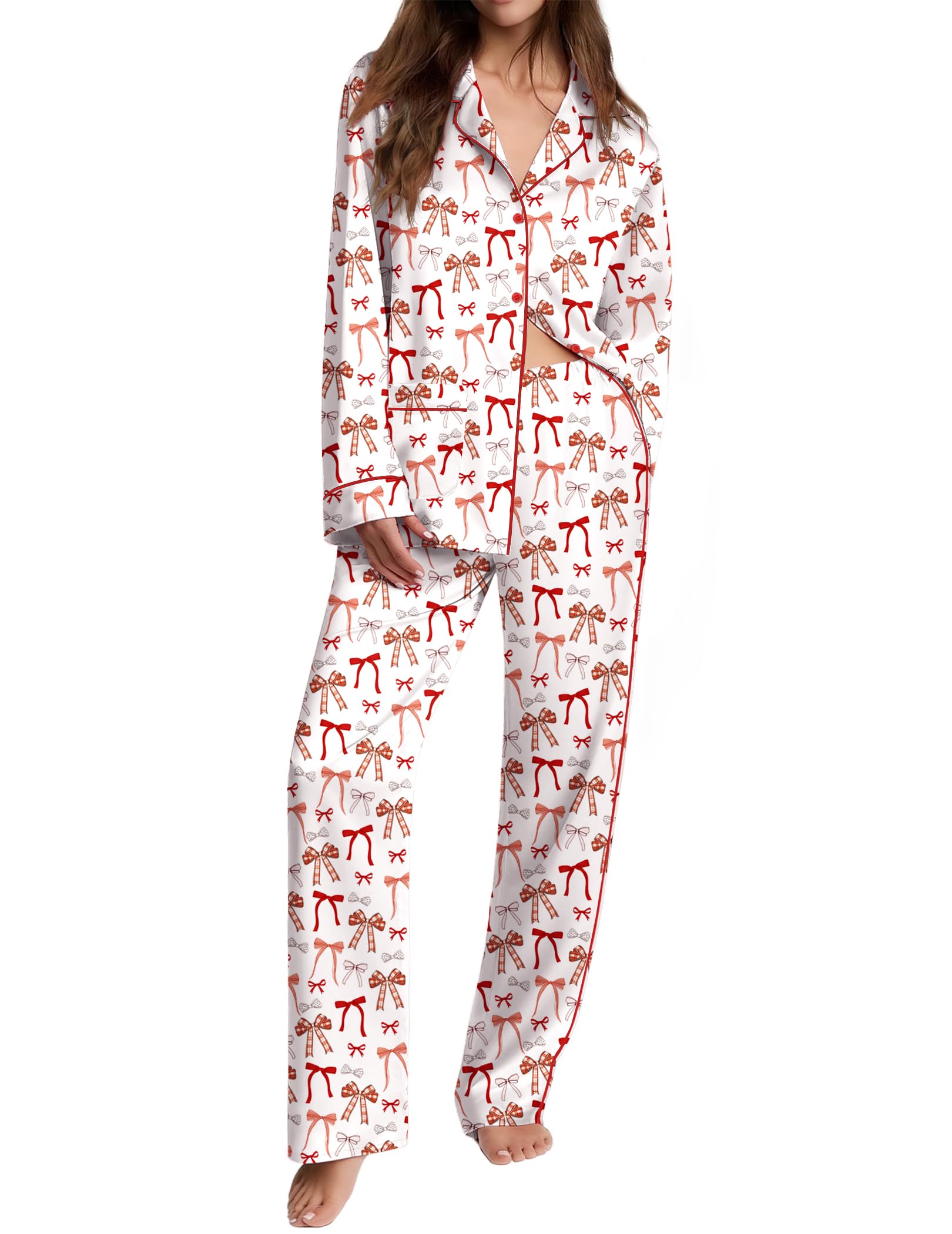 Ekouaer Womens Pajama Sets Satin Silk Pjs Long Sleeve Button Down Sleepwear