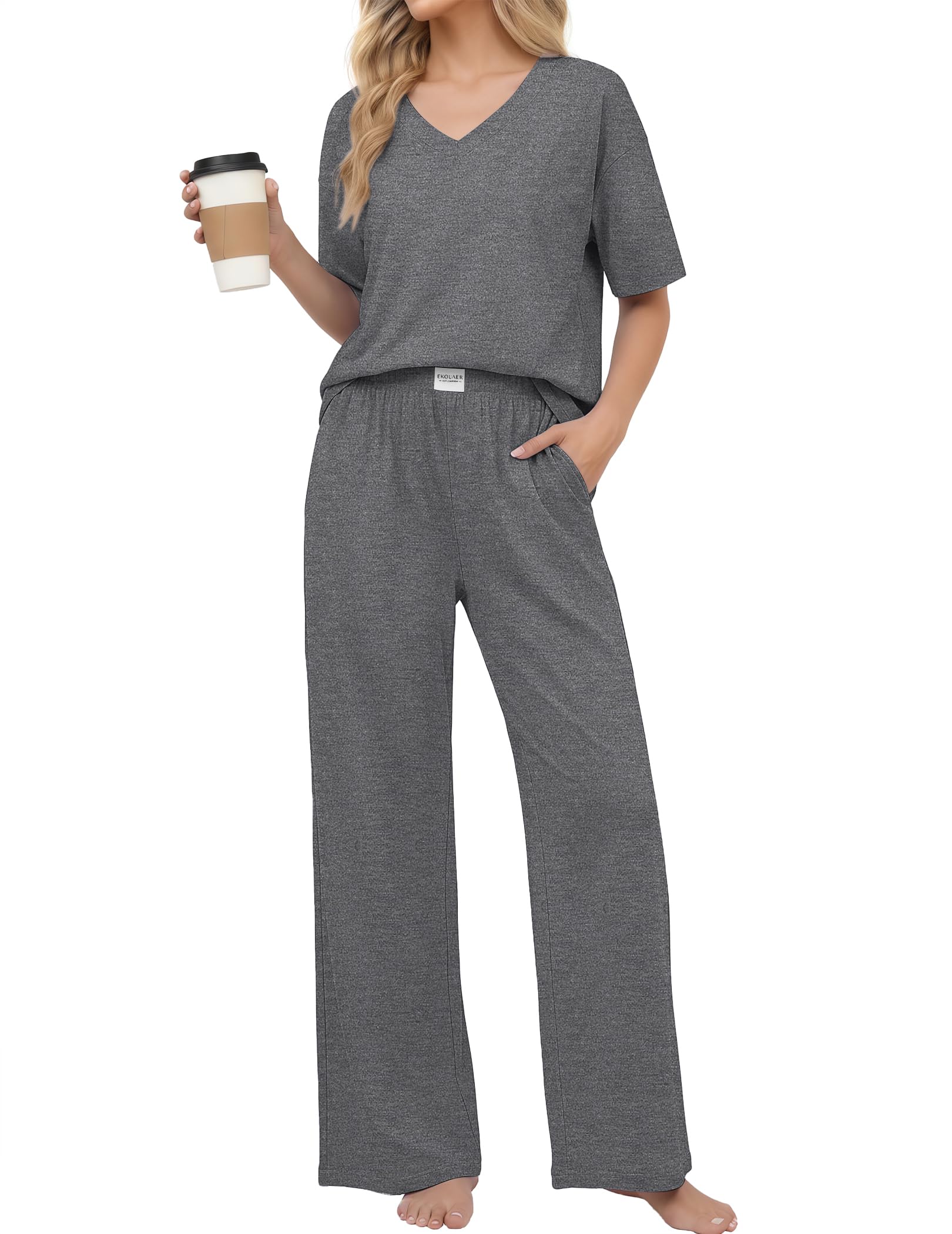 Ekouaer Womens Pajama Sets Cotton Short Sleeve Long Pants Lounge Set