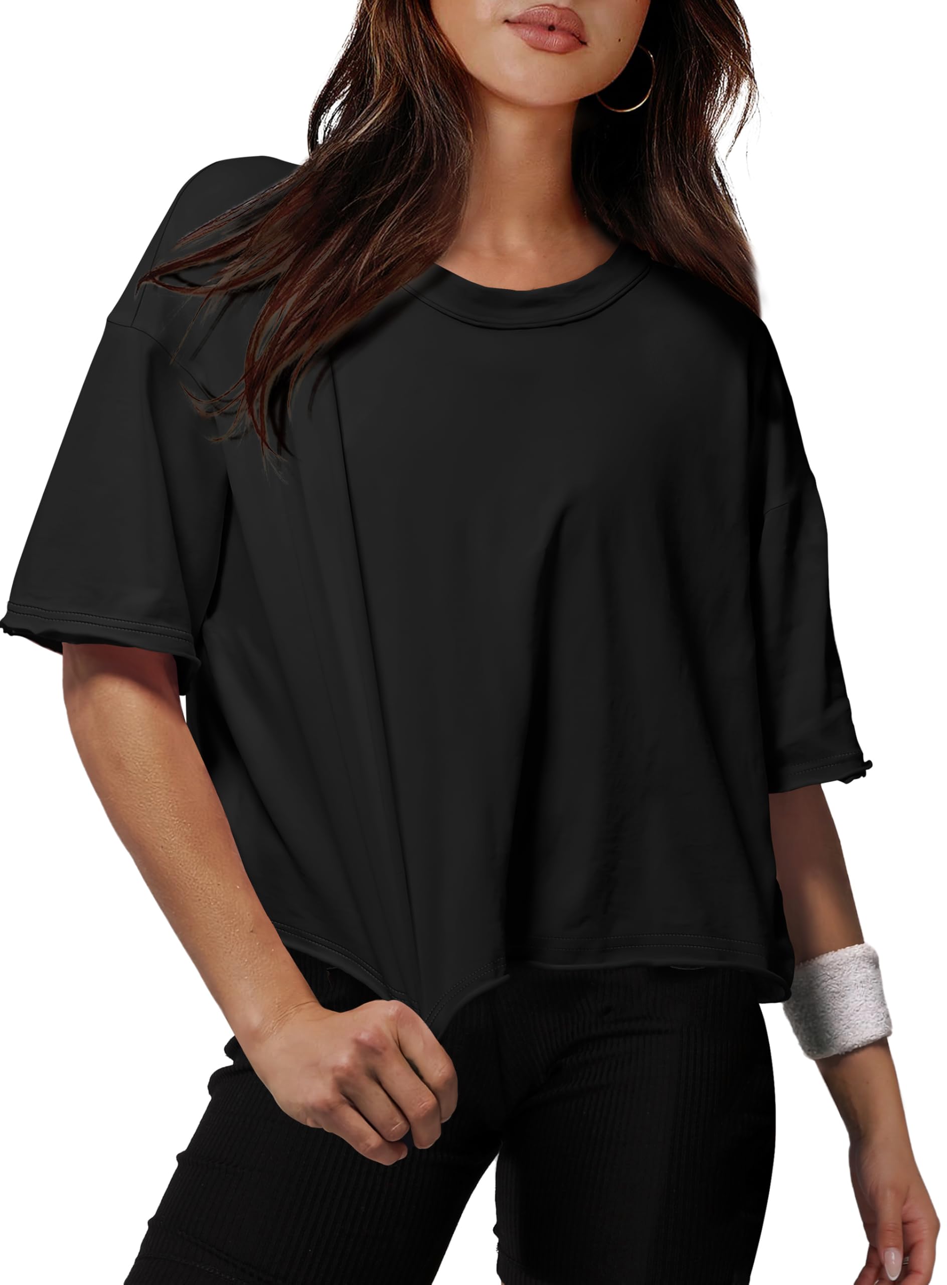 XIEERDUO Cotton Tshirts for Women Drop Shoulder Round Neck Oversized Crop Tops Workout Tops Tees
