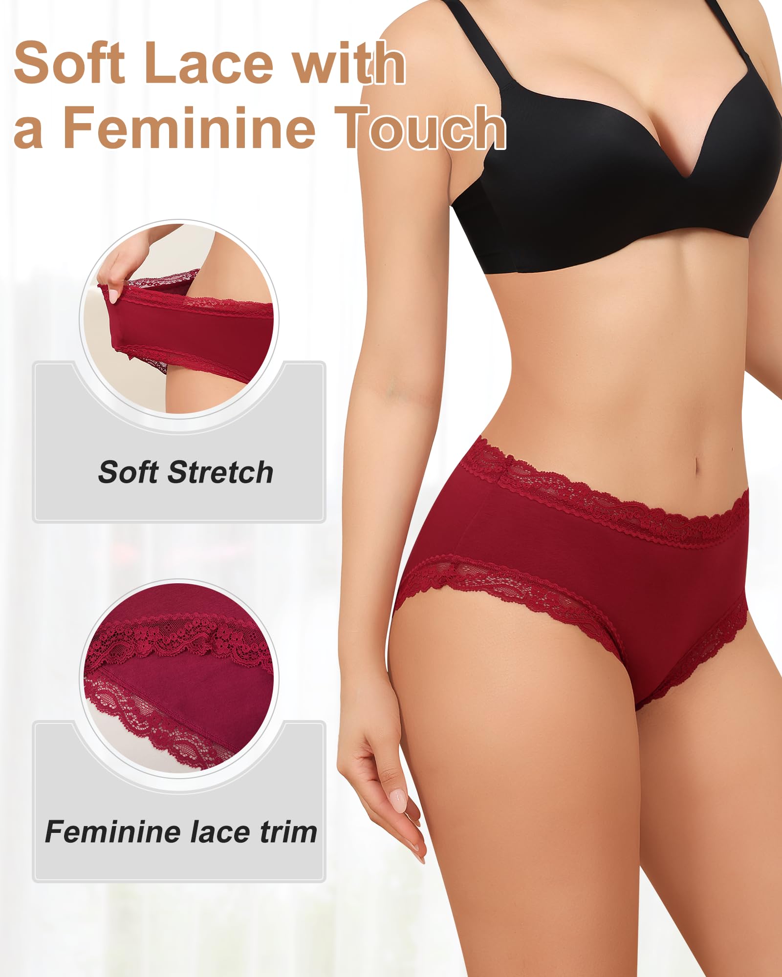 LEVAO Women's Cotton Brief Panties Soft Breathable Lace Trim 5 Pack