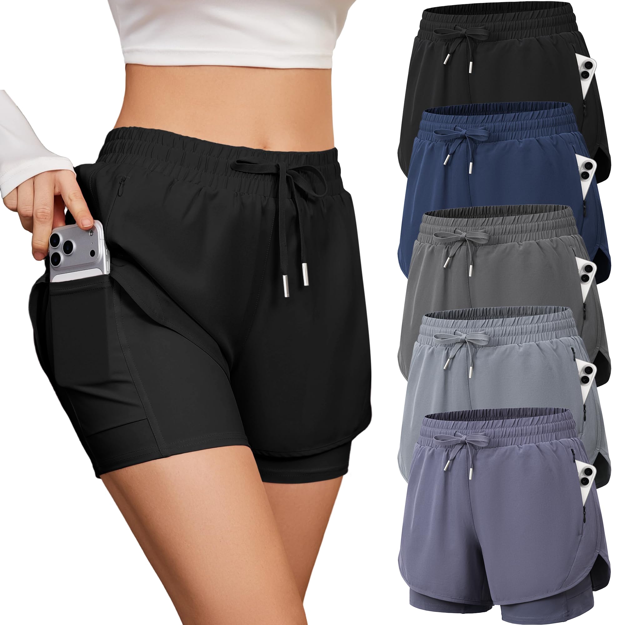 CE' CERDR 5 Pack Women's 2 in 1 Running Shorts High Waisted Athletic Workout Short for Gym Yoga with Liner 4 Pockets
