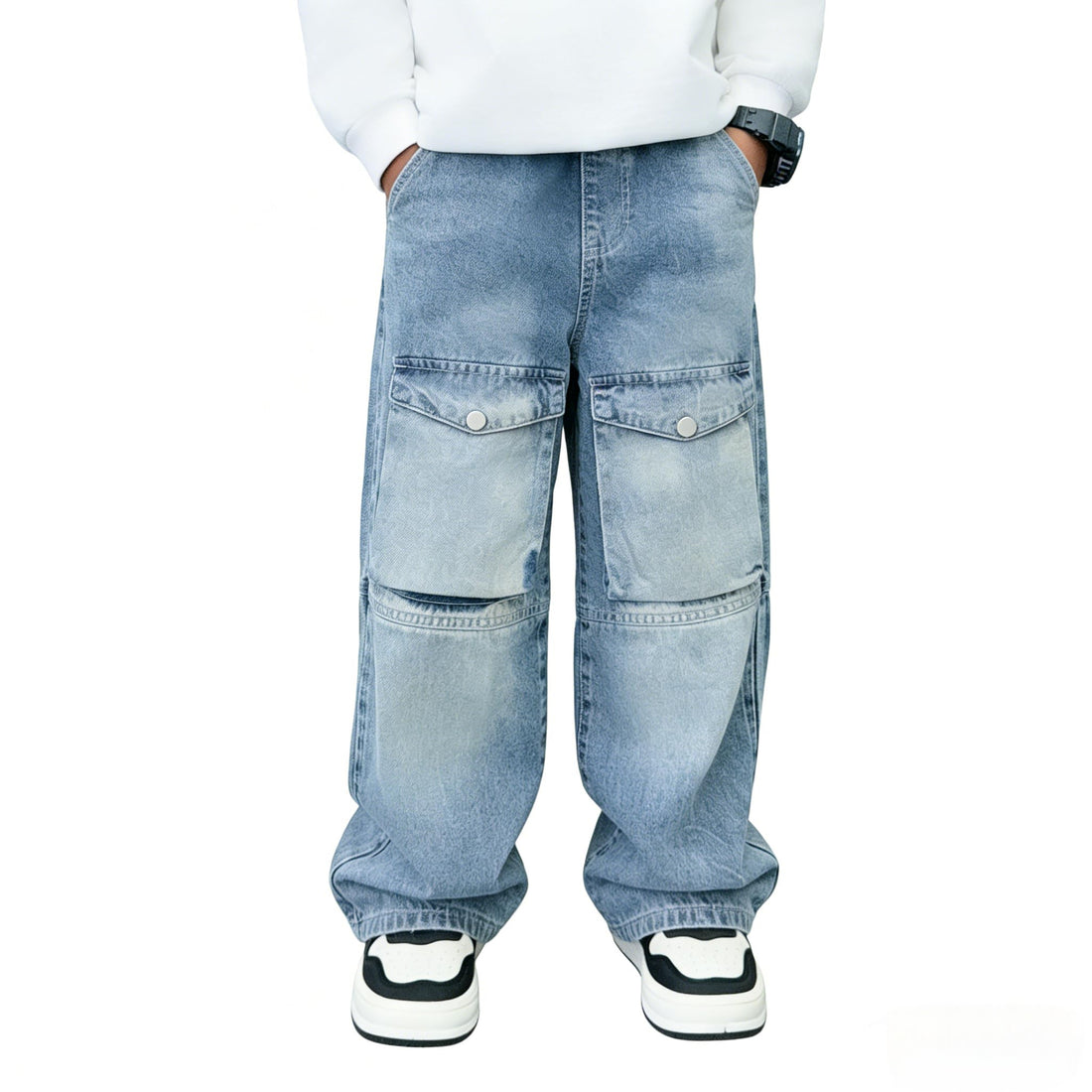 Baggy Jeans for Boys Cargo Jeans, Mid Rise Elastic Waist Multi-Pockets Denim Pants School Streetwear Size 8-12